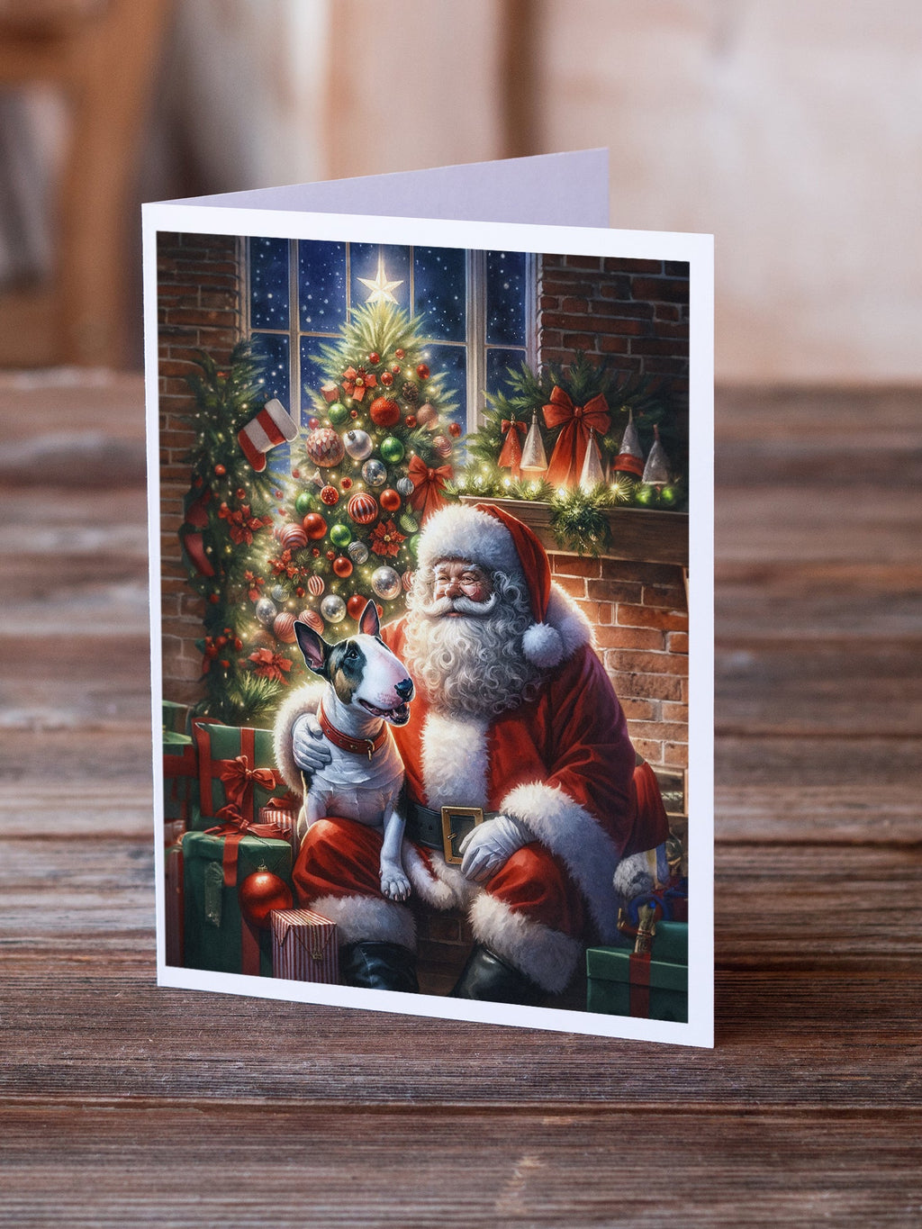 English Bull Terrier and Santa Claus Greeting Cards Pack of 8 Blank Cards with Envelopes Whimsical A7 Size 5x7