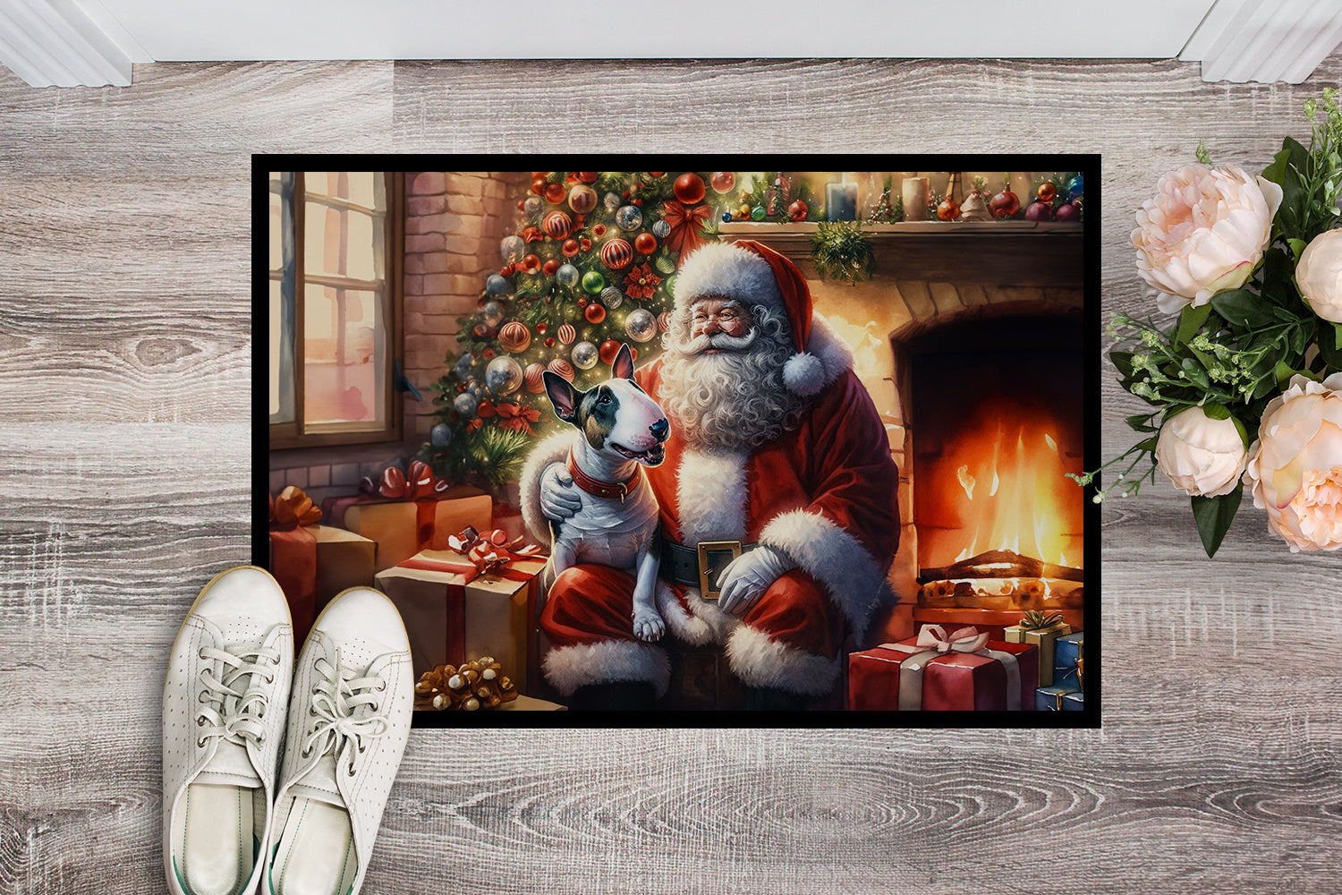 English Bull Terrier and Santa Claus Doormat Indoor Outdoor 18H X 27W Front Door Mat Rugs for Entryway, Non Slip Washable