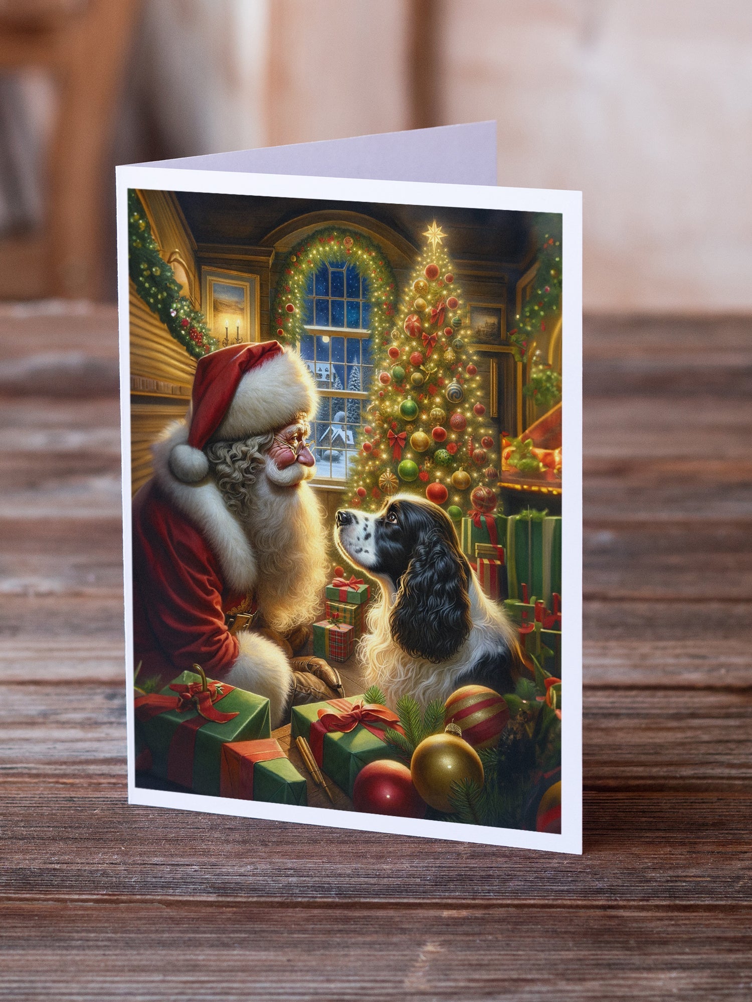 English Springer Spaniel and Santa Claus Greeting Cards Pack of 8 Blank Cards with Envelopes Whimsical A7 Size 5x7