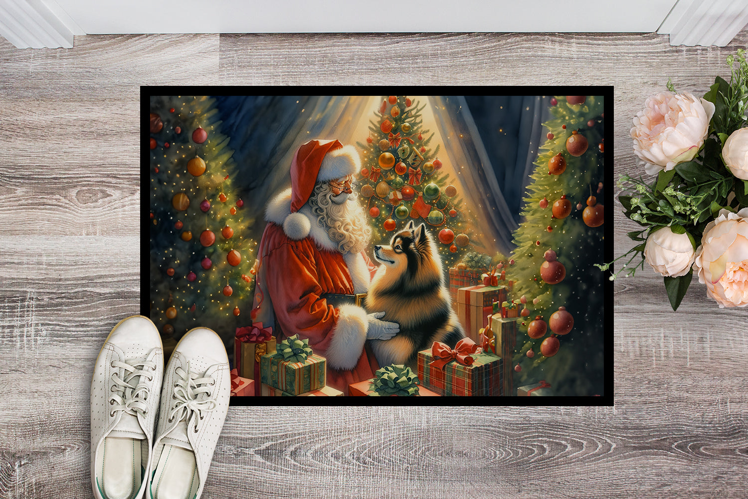 Finnish Spitz and Santa Claus Doormat Indoor Outdoor 24H X 36W Front Door Mat Rugs for Entryway, Non Slip Washable Low Pile,