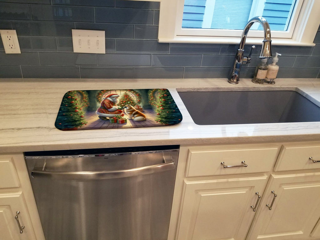 Finnish Spitz and Santa Claus Dish Drying Mat Absorbent Dish Drying Mat Pad for Kitchen Counter Dish Drainer Mat for Countertop, 14 x 21", Multicolor
