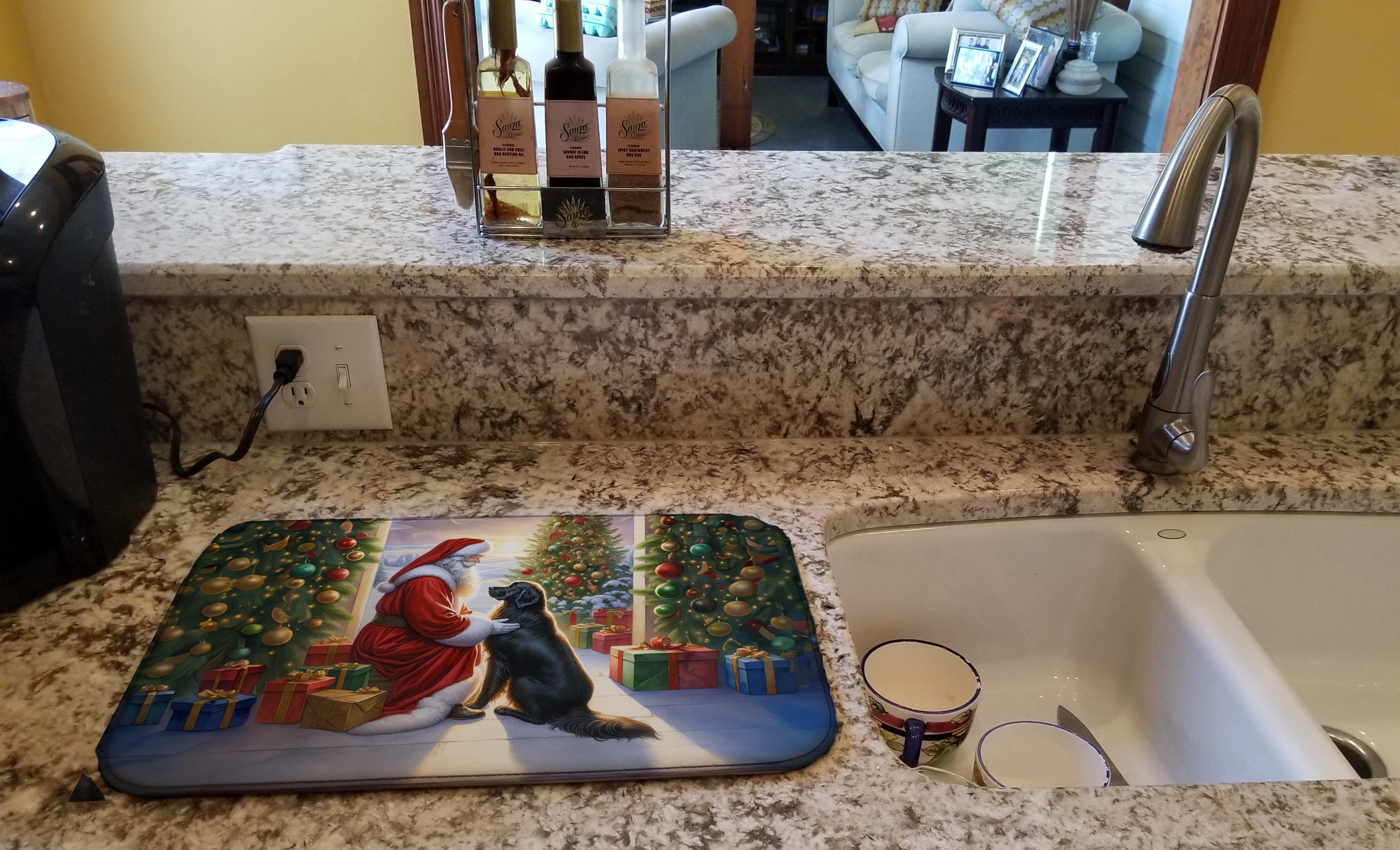 Flat-Coated Retriever and Santa Claus Dish Drying Mat Absorbent Dish Drying Mat Pad for Kitchen Counter Dish Drainer Mat for Countertop, 14 x 21", Multicolor