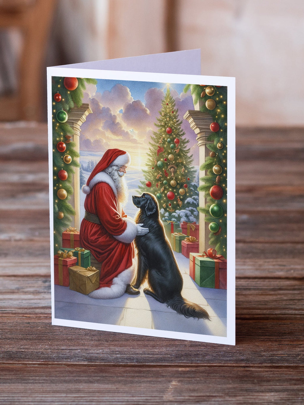 Flat-Coated Retriever and Santa Claus Greeting Cards Pack of 8 Blank Cards with Envelopes Whimsical A7 Size 5x7