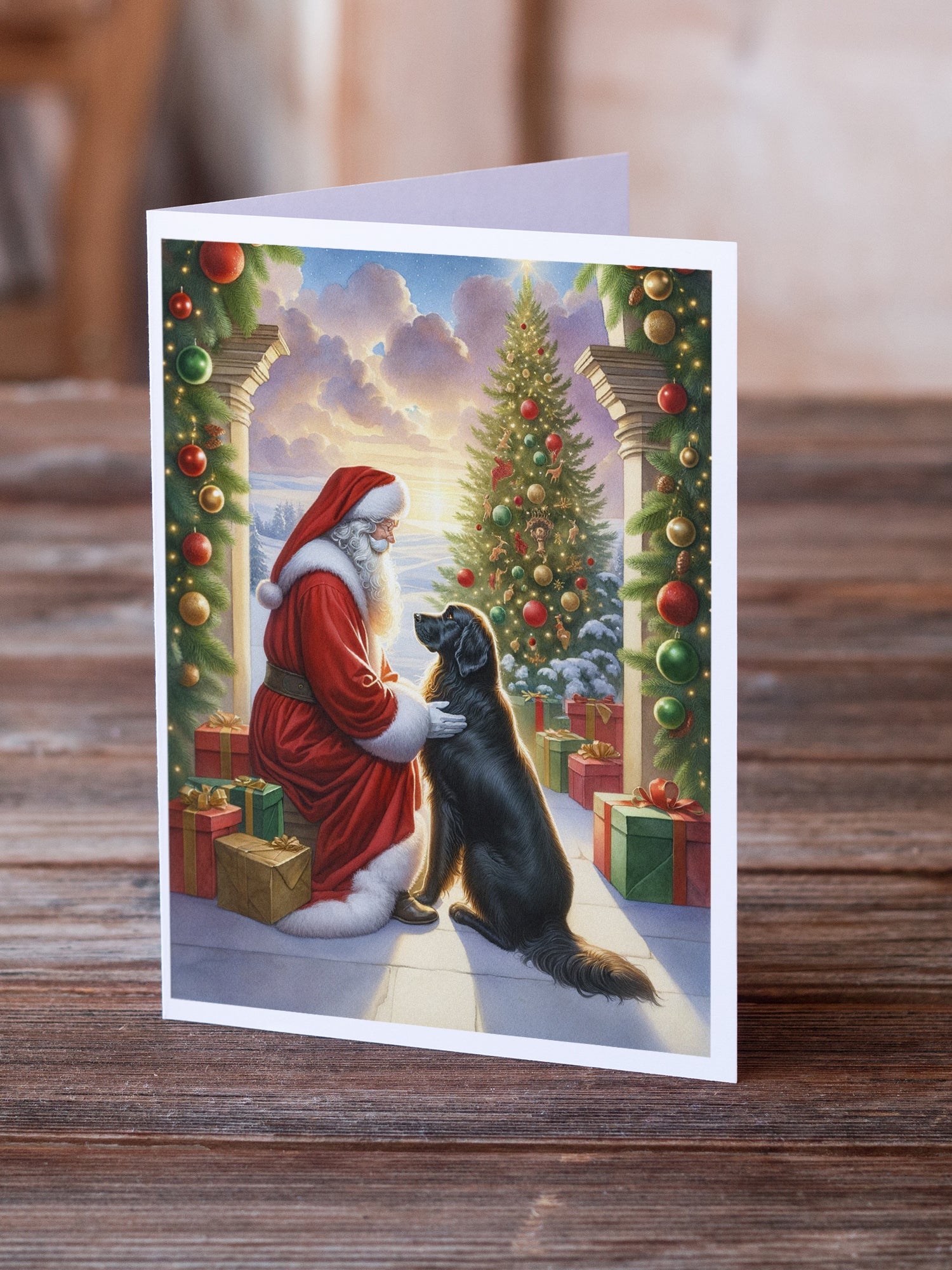 Flat-Coated Retriever and Santa Claus Greeting Cards Pack of 8 Blank Cards with Envelopes Whimsical A7 Size 5x7