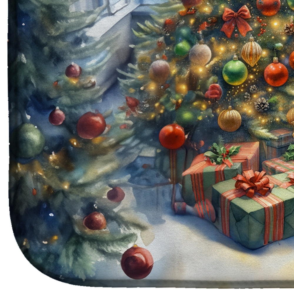 Fox Terrier and Santa Claus Dish Drying Mat Absorbent Dish Drying Mat Pad for Kitchen Counter Dish Drainer Mat for Countertop, 14 x 21", Multicolor