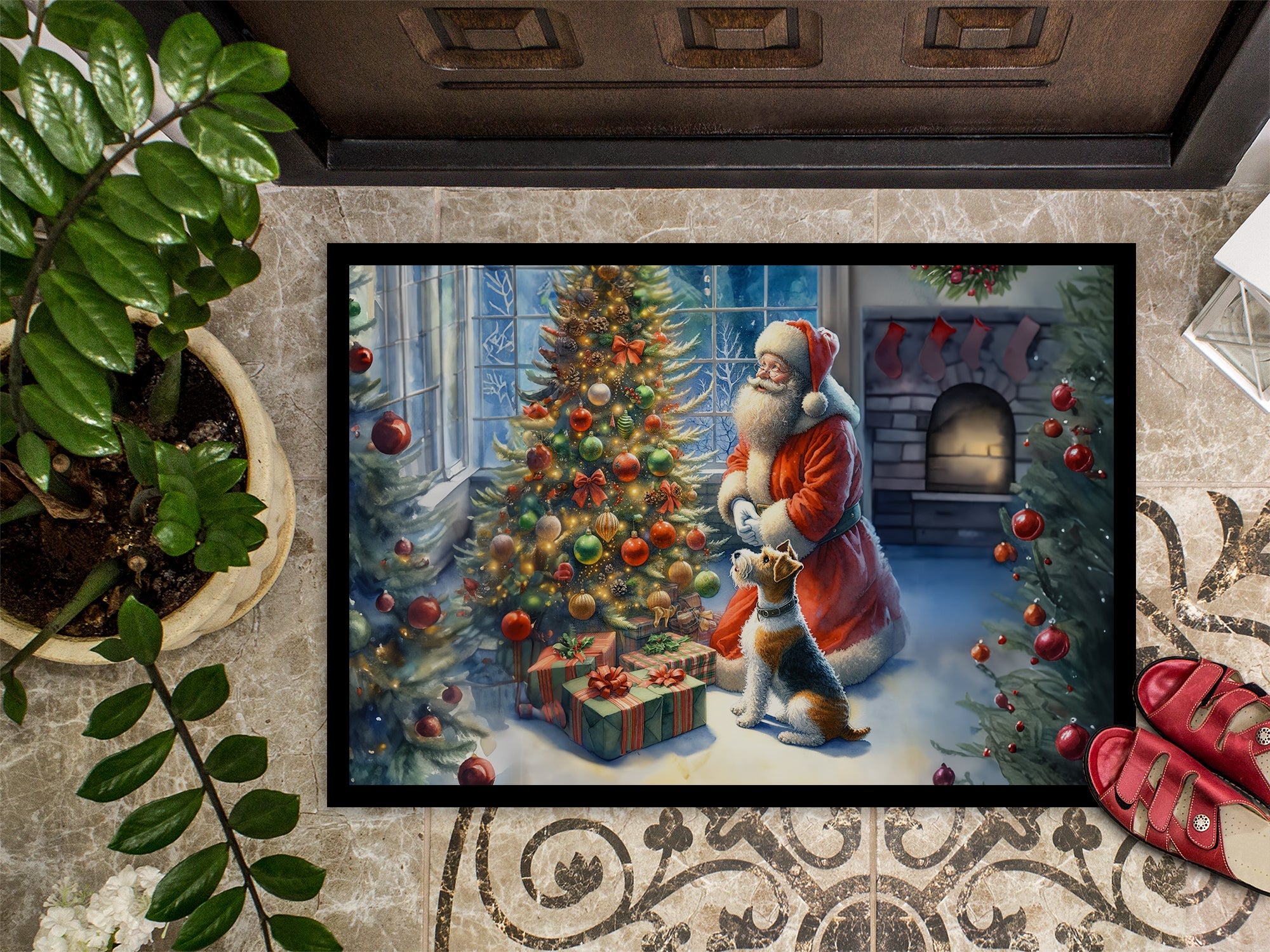 Fox Terrier and Santa Claus Doormat Indoor Outdoor 18H X 27W Front Door Mat Rugs for Entryway, Non Slip Washable