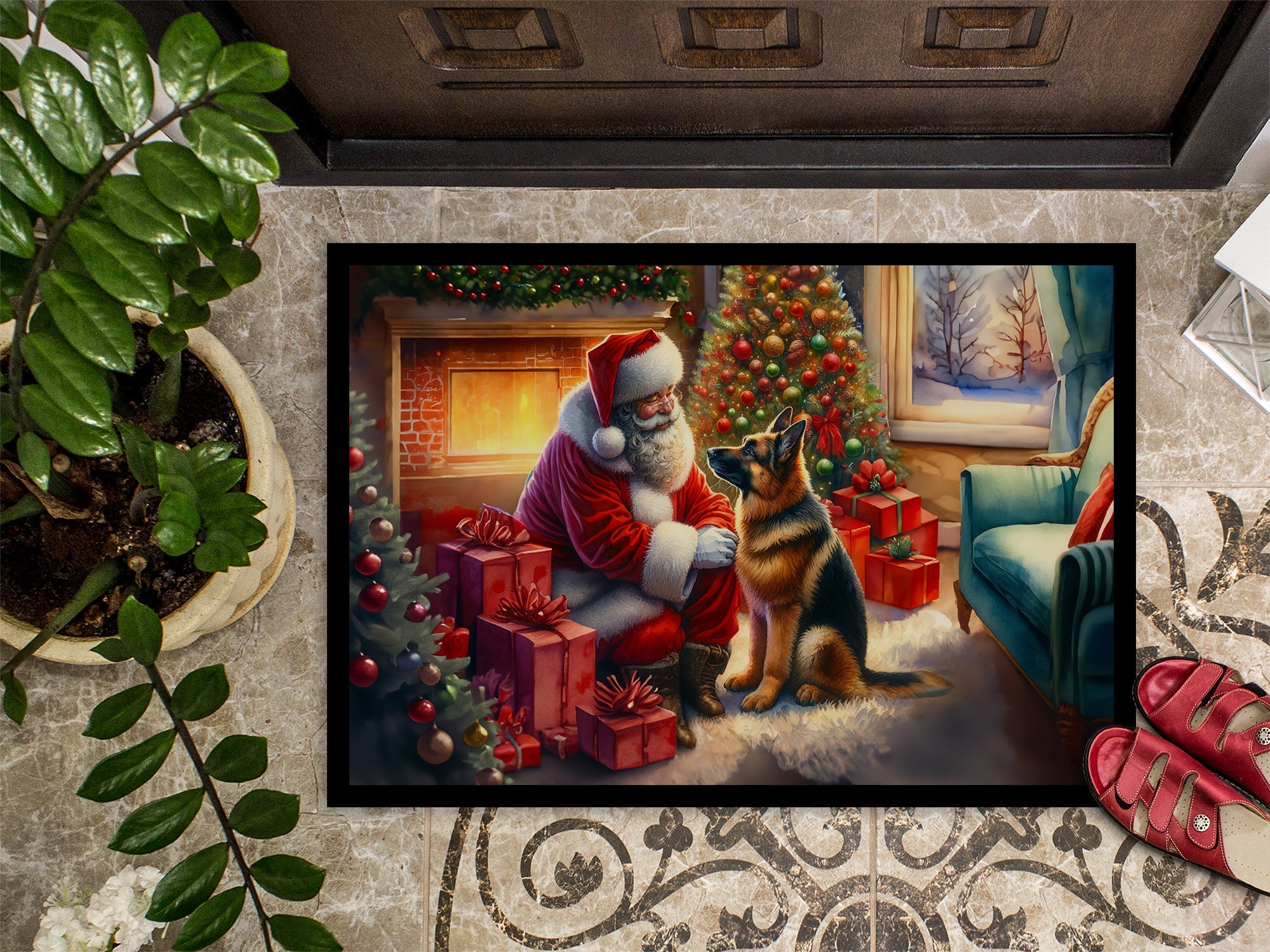 German Shepherd and Santa Claus Doormat Indoor Outdoor 24H X 36W Front Door Mat Rugs for Entryway, Non Slip Washable Low Pile,