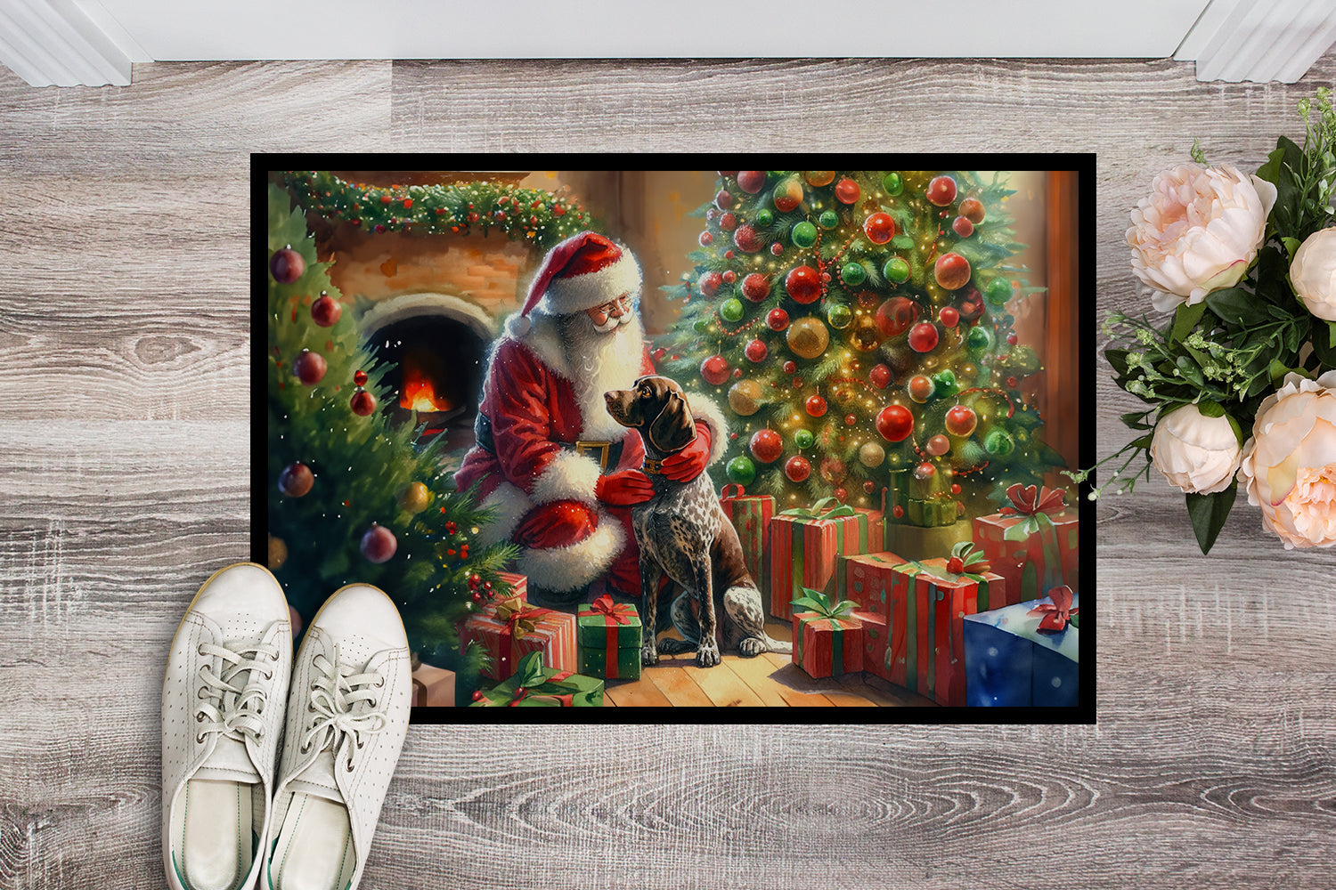 German Shorthaired Pointer and Santa Claus Doormat Indoor Outdoor 18H X 27W Front Door Mat Rugs for Entryway, Non Slip Washable