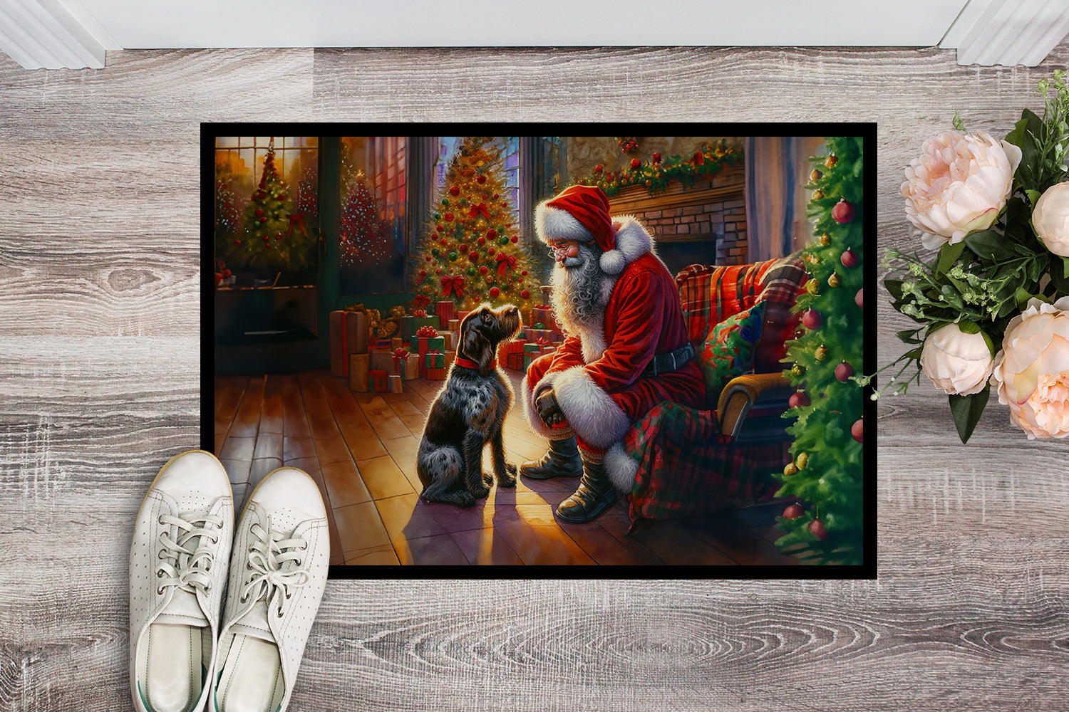 German Wirehaired Pointer and Santa Claus Doormat Indoor Outdoor 18H X 27W Front Door Mat Rugs for Entryway, Non Slip Washable