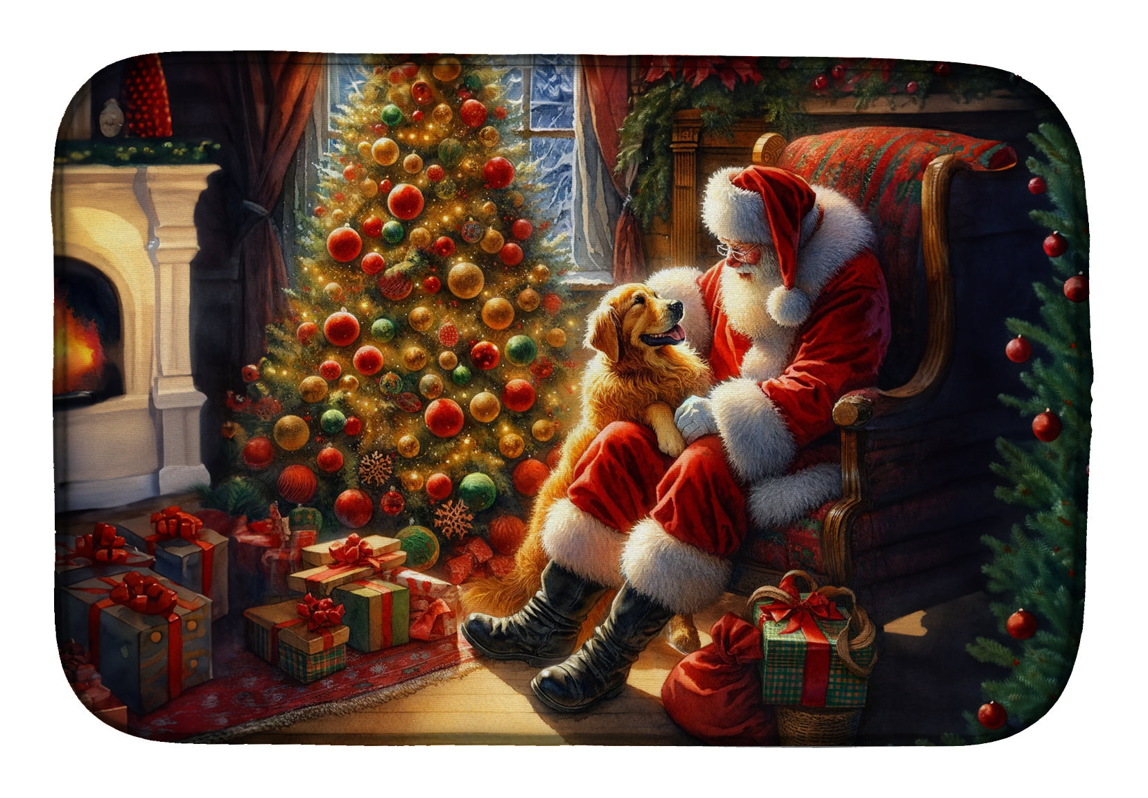 Golden Retriever and Santa Claus Dish Drying Mat Absorbent Dish Drying Mat Pad for Kitchen Counter Dish Drainer Mat for Countertop, 14 x 21", Multicolor