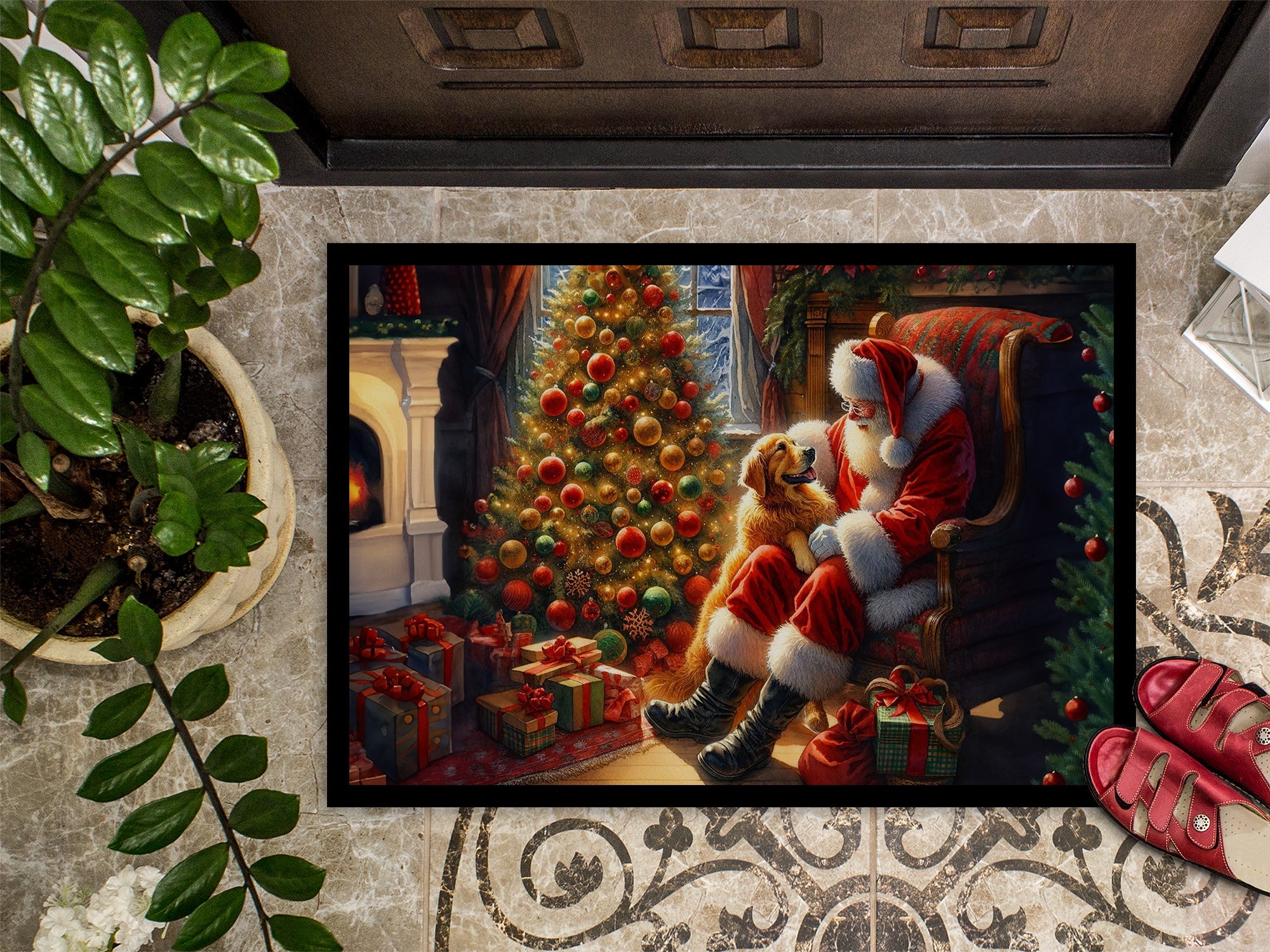 Golden Retriever and Santa Claus Doormat Indoor Outdoor 24H X 36W Front Door Mat Rugs for Entryway, Non Slip Washable Low Pile,