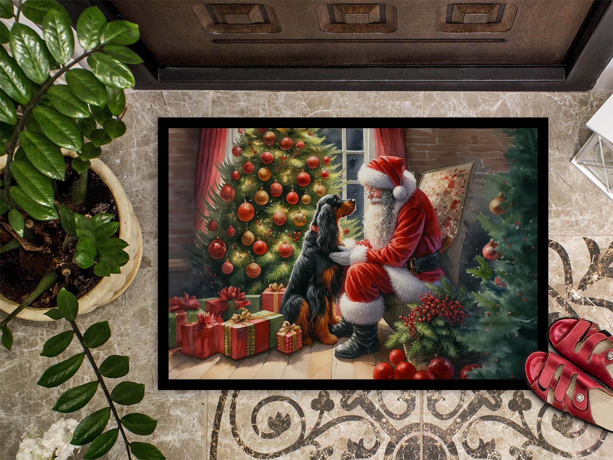 Gordon Setter and Santa Claus Doormat Indoor Outdoor 18H X 27W Front Door Mat Rugs for Entryway, Non Slip Washable