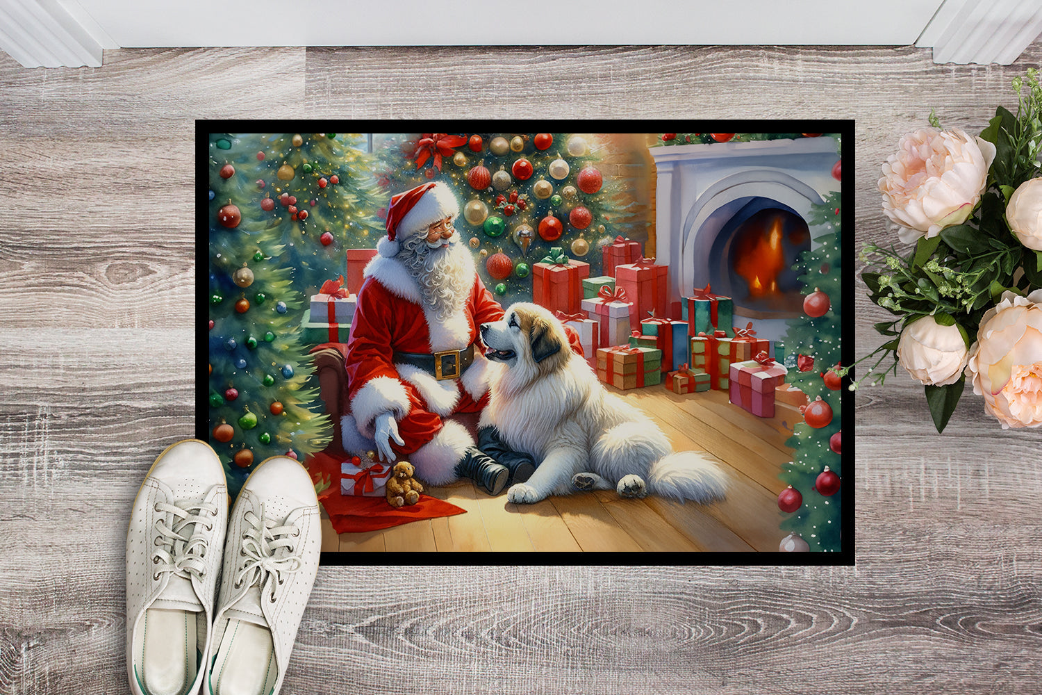Great Pyrenees and Santa Claus Doormat Indoor Outdoor 24H X 36W Front Door Mat Rugs for Entryway, Non Slip Washable Low Pile,
