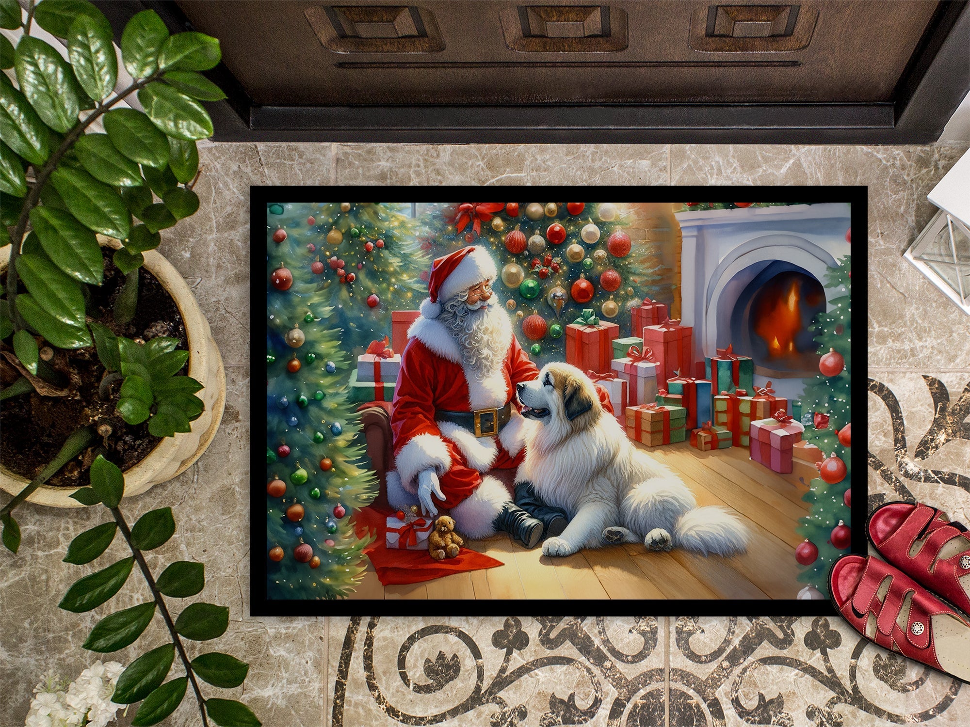 Great Pyrenees and Santa Claus Doormat Indoor Outdoor 24H X 36W Front Door Mat Rugs for Entryway, Non Slip Washable Low Pile,