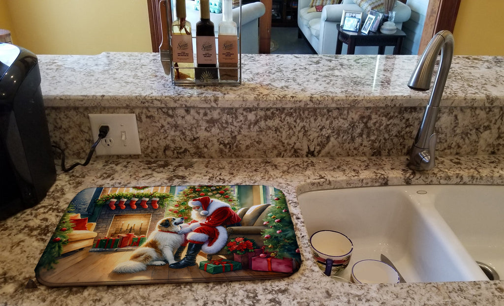 Great Pyrenees and Santa Claus Dish Drying Mat Absorbent Dish Drying Mat Pad for Kitchen Counter Dish Drainer Mat for Countertop, 14 x 21", Multicolor