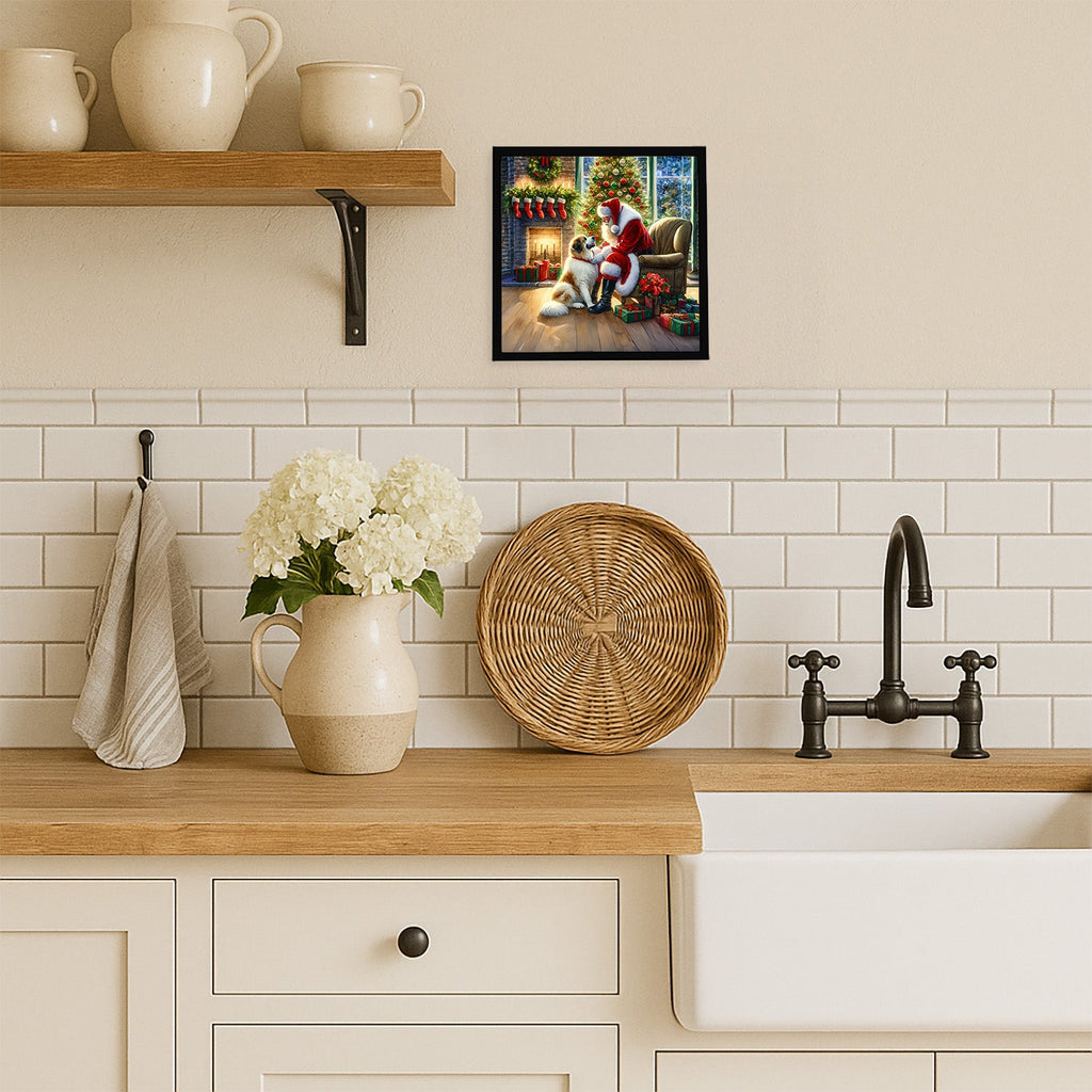 Great Pyrenees and Santa Claus Framed Metal Print Bathroom, Kitchen, Office, Home Decor Wall Art Ready to Hang, Square, 8X8
