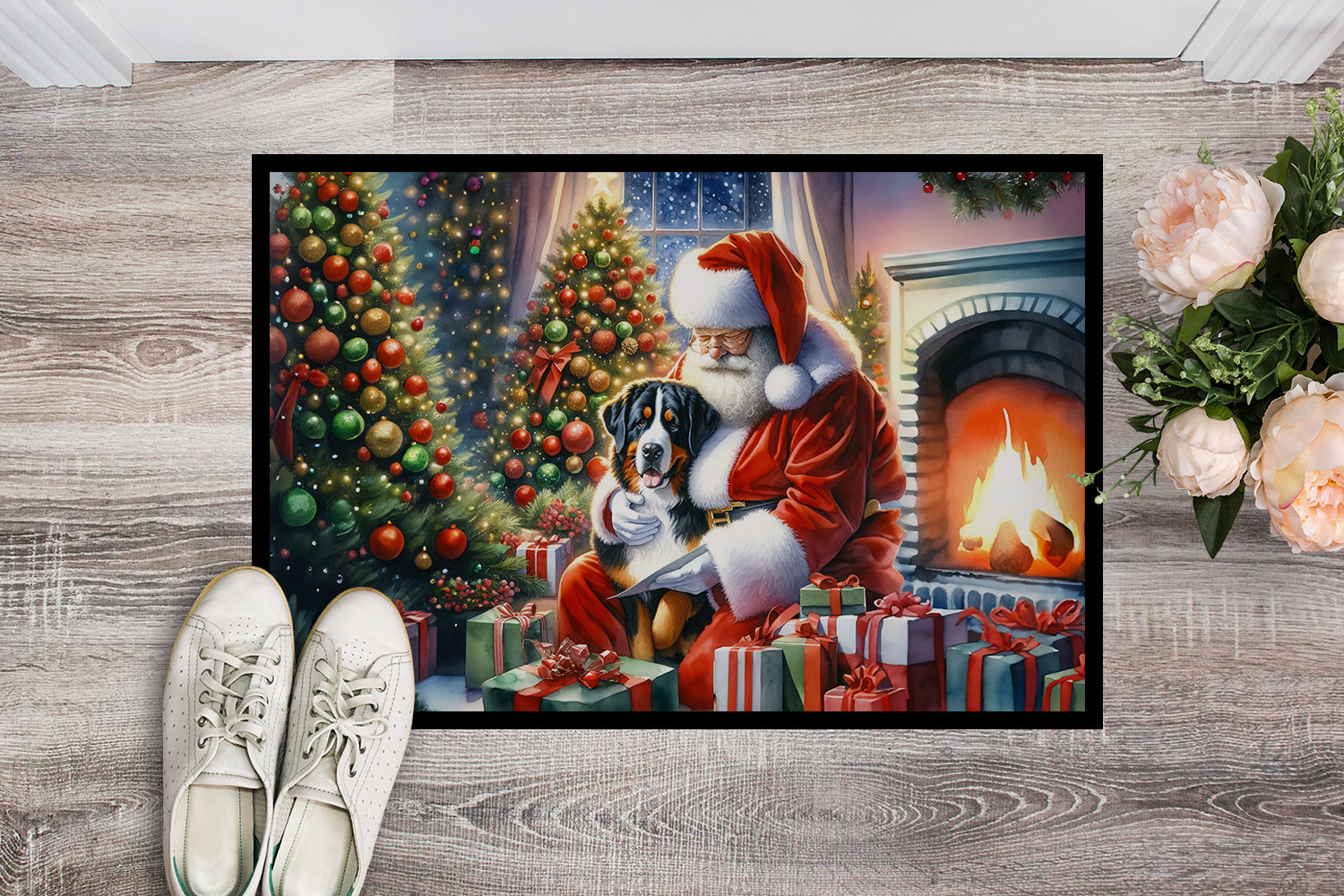 Greater Swiss Mountain Dog and Santa Claus Doormat Indoor Outdoor 24H X 36W Front Door Mat Rugs for Entryway, Non Slip Washable Low Pile,