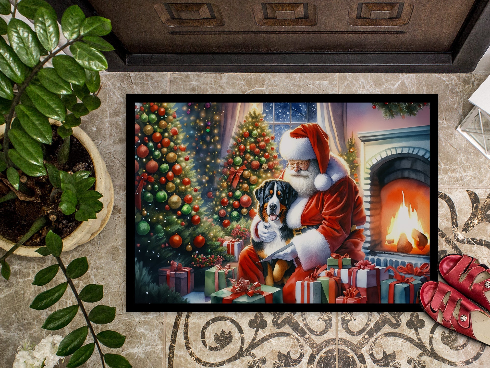 Greater Swiss Mountain Dog and Santa Claus Doormat Indoor Outdoor 18H X 27W Front Door Mat Rugs for Entryway, Non Slip Washable