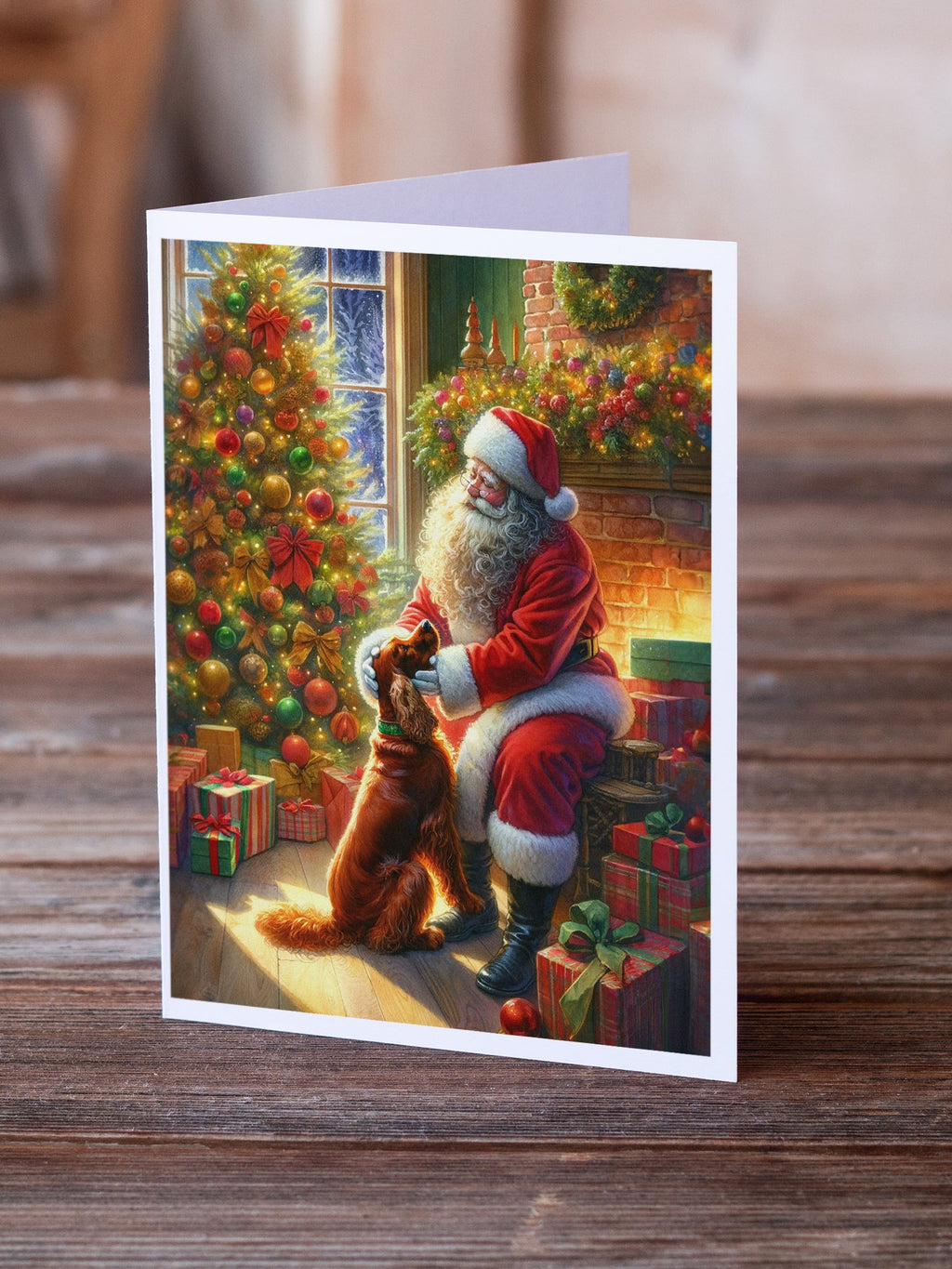 Irish Setter and Santa Claus Greeting Cards Pack of 8 Blank Cards with Envelopes Whimsical A7 Size 5x7