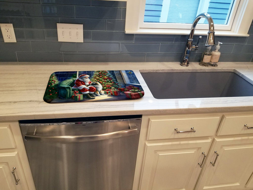 Keeshond and Santa Claus Dish Drying Mat Absorbent Dish Drying Mat Pad for Kitchen Counter Dish Drainer Mat for Countertop, 14 x 21", Multicolor