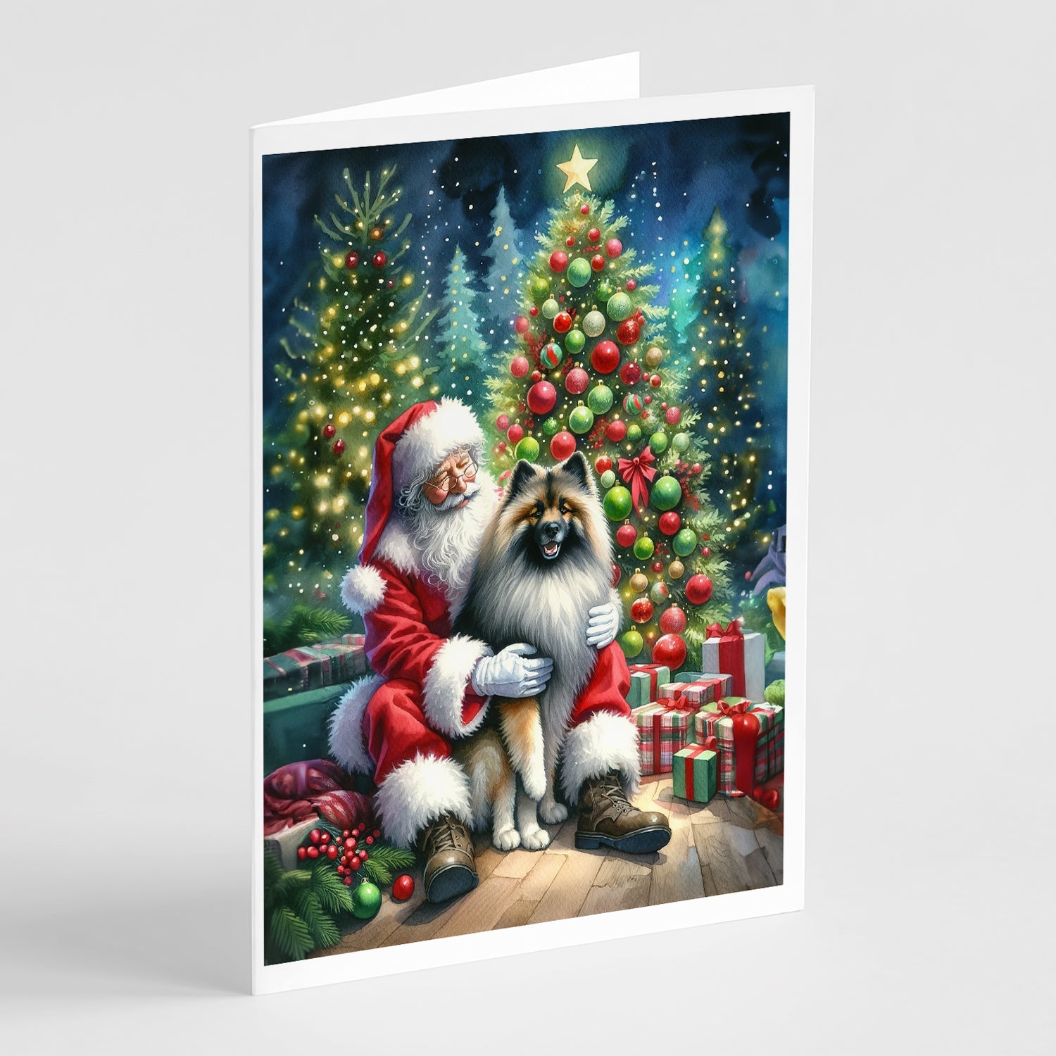 Keeshond and Santa Claus Greeting Cards Pack of 8 Blank Cards with Envelopes Whimsical A7 Size 5x7