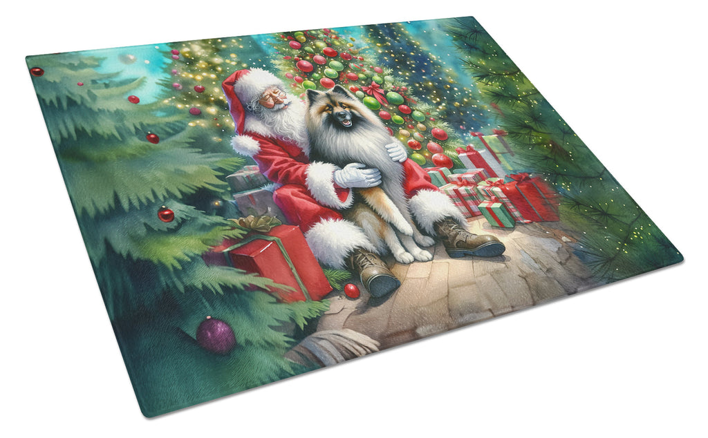 Keeshond and Santa Claus Cutting Board Tempered Glass Kitchen Cutting Surface, Heat Resistant Chopping, Non-Slip Feet, Food Prep & Serving