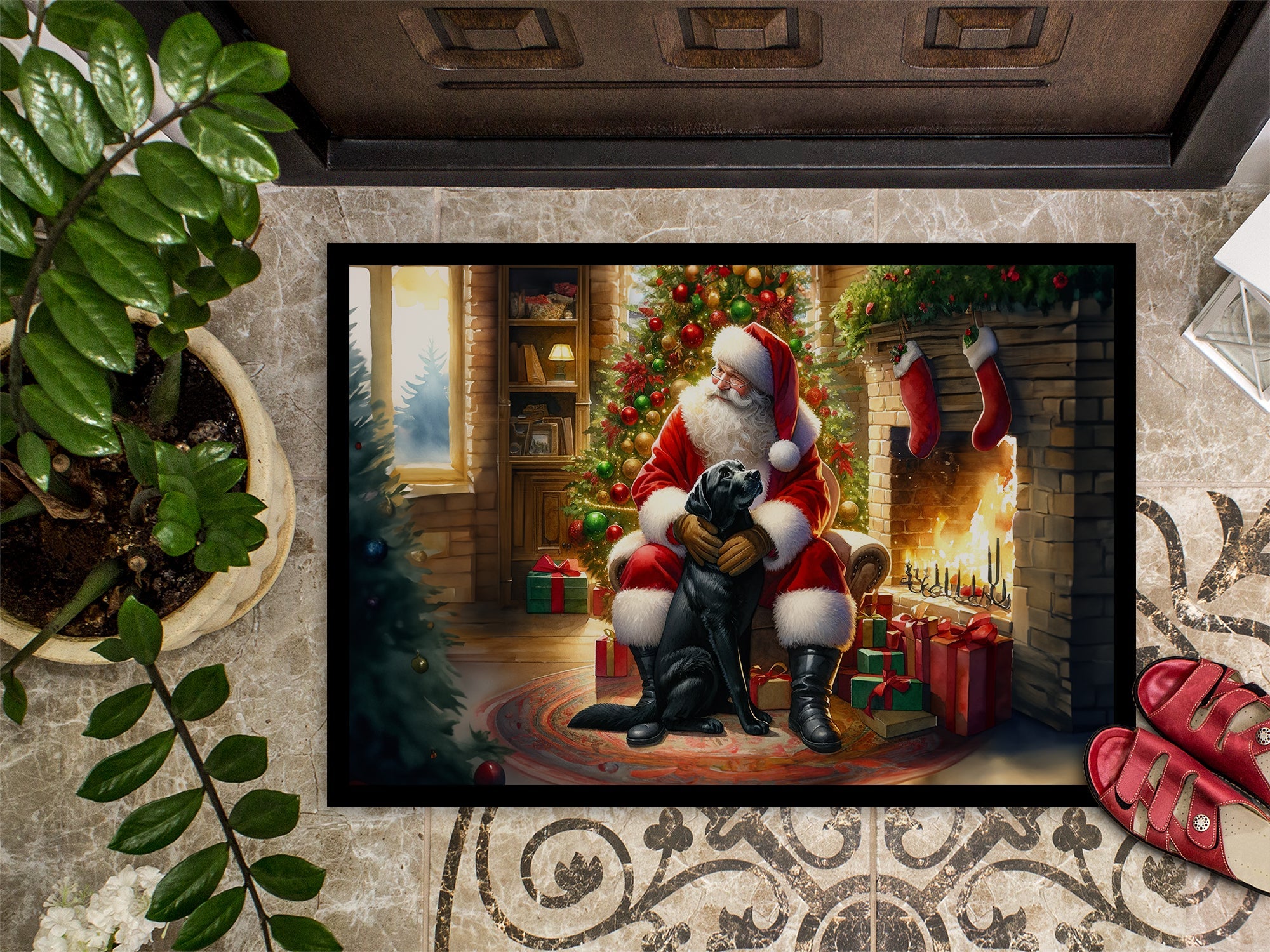 Labrador Retriever and Santa Claus Doormat Indoor Outdoor 18H X 27W Front Door Mat Rugs for Entryway, Non Slip Washable