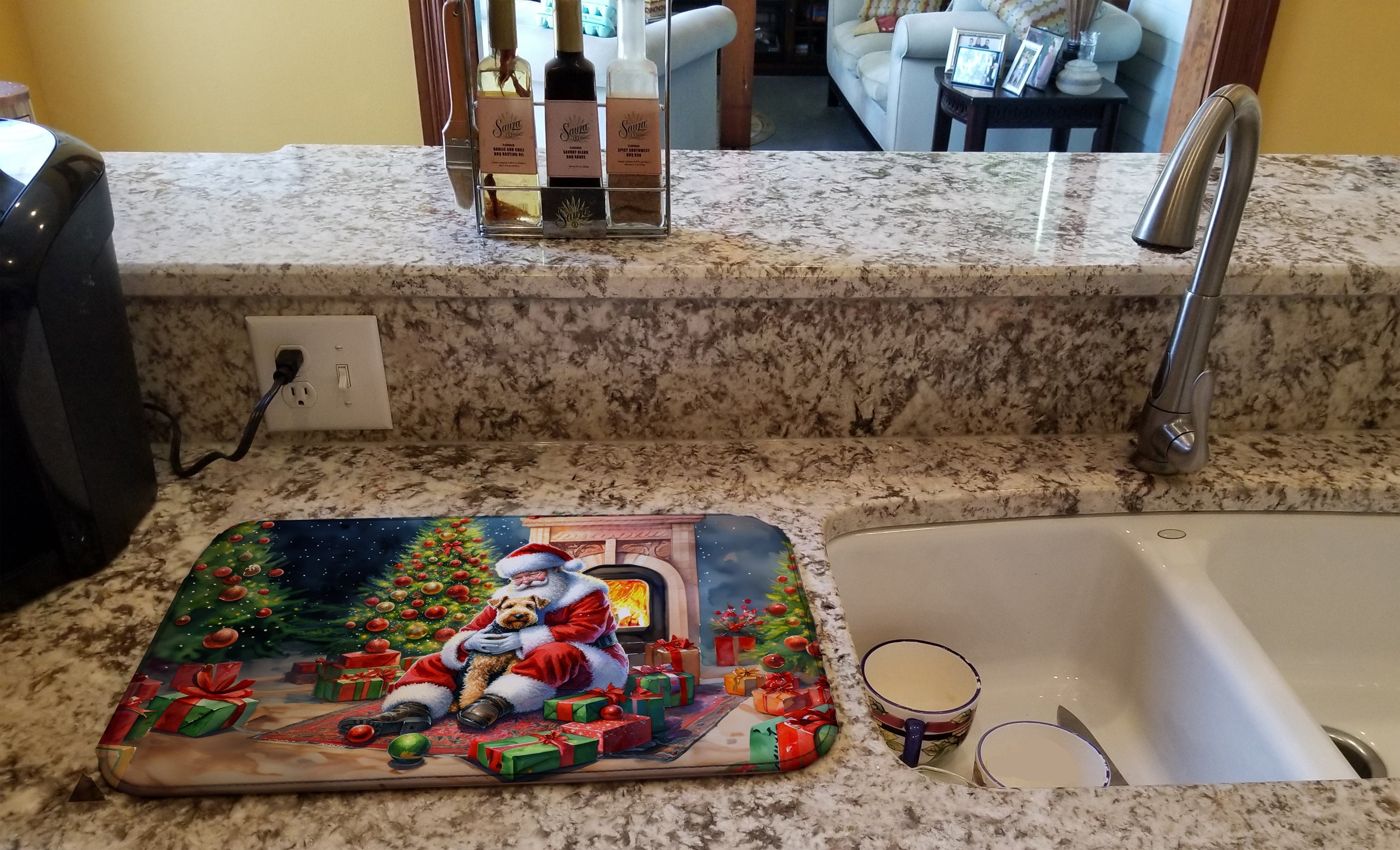 Lakeland Terrier and Santa Claus Dish Drying Mat Absorbent Dish Drying Mat Pad for Kitchen Counter Dish Drainer Mat for Countertop, 14 x 21", Multicolor