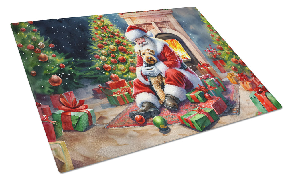 Lakeland Terrier and Santa Claus Cutting Board Tempered Glass Kitchen Cutting Surface, Heat Resistant Chopping, Non-Slip Feet, Food Prep & Serving