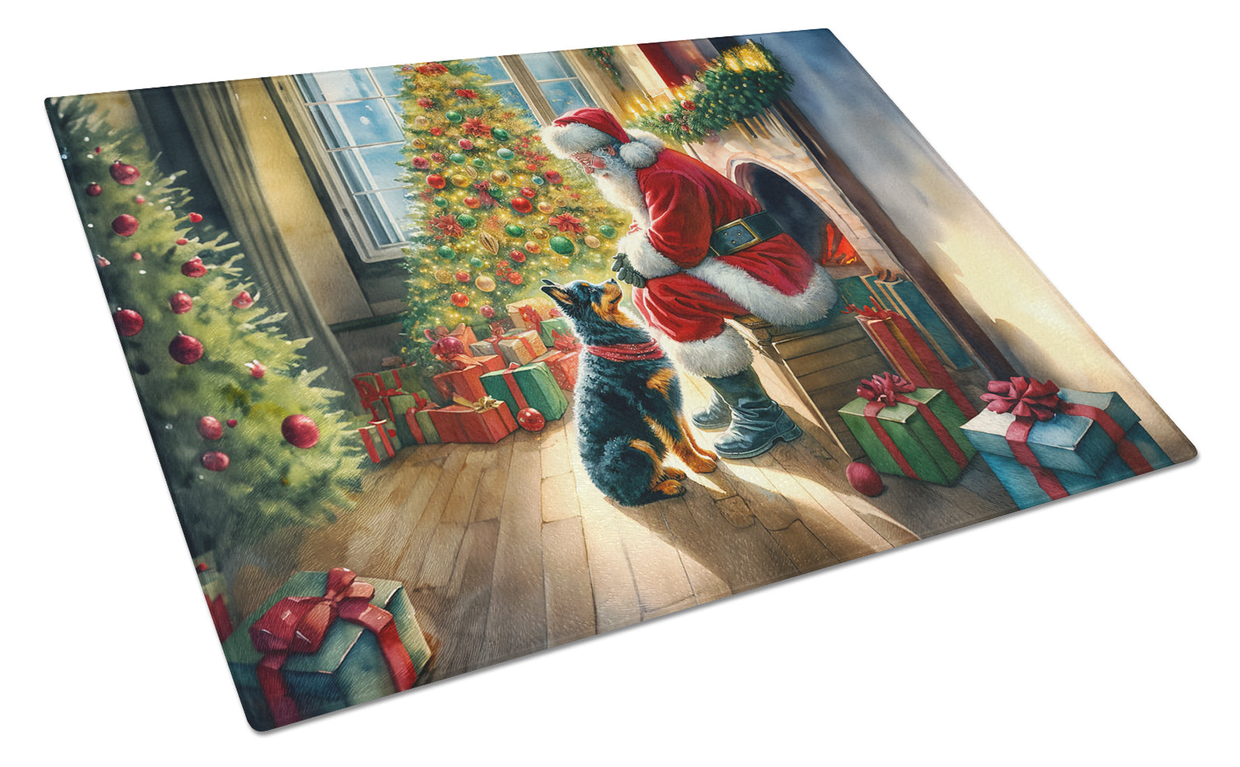 Lancashire Heeler and Santa Claus Cutting Board Tempered Glass Kitchen Cutting Surface, Heat Resistant Chopping, Non-Slip Feet, Food Prep & Serving