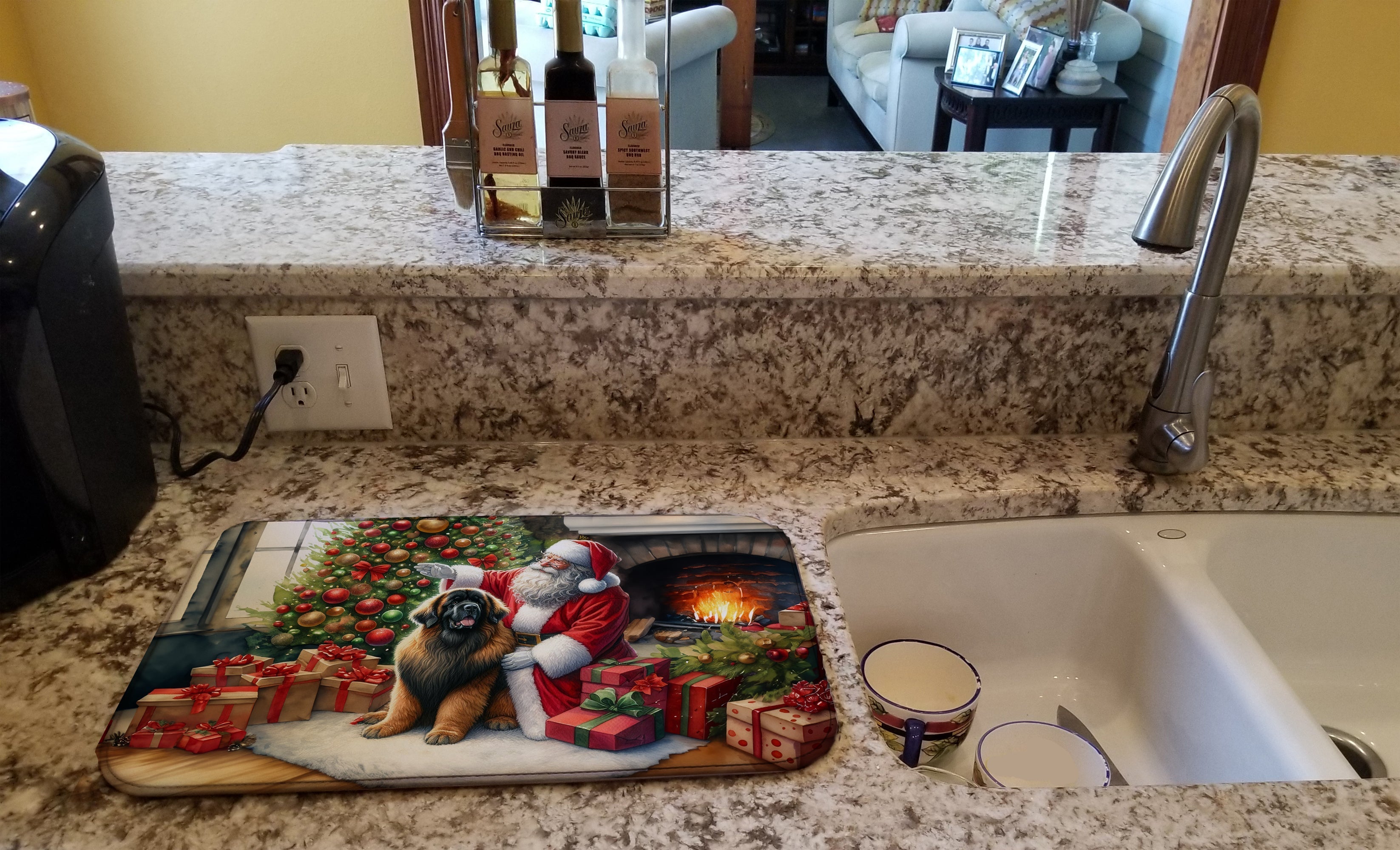 Leonberger and Santa Claus Dish Drying Mat Absorbent Dish Drying Mat Pad for Kitchen Counter Dish Drainer Mat for Countertop, 14 x 21", Multicolor