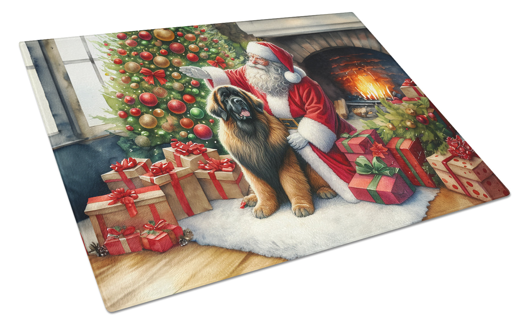 Leonberger and Santa Claus Cutting Board Tempered Glass Kitchen Cutting Surface, Heat Resistant Chopping, Non-Slip Feet, Food Prep & Serving