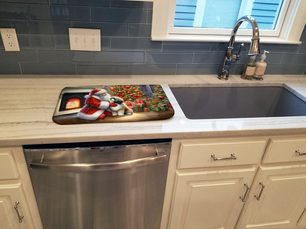 Lhasa Apso and Santa Claus Dish Drying Mat Absorbent Dish Drying Mat Pad for Kitchen Counter Dish Drainer Mat for Countertop, 14 x 21", Multicolor