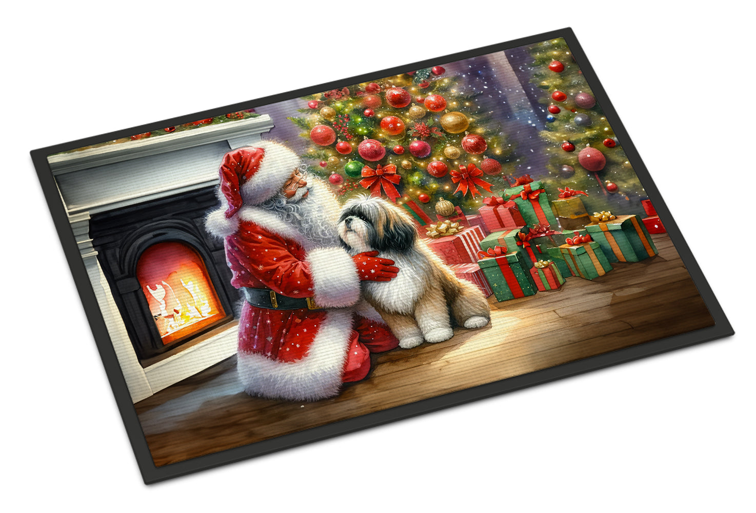 Lhasa Apso and Santa Claus Doormat Indoor Outdoor 18H X 27W Front Door Mat Rugs for Entryway, Non Slip Washable