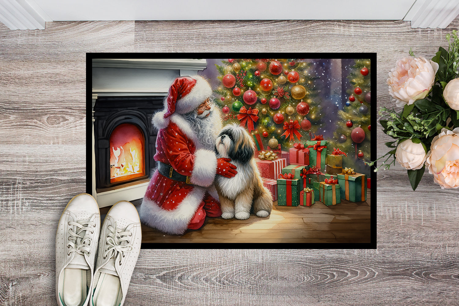 Lhasa Apso and Santa Claus Doormat Indoor Outdoor 18H X 27W Front Door Mat Rugs for Entryway, Non Slip Washable