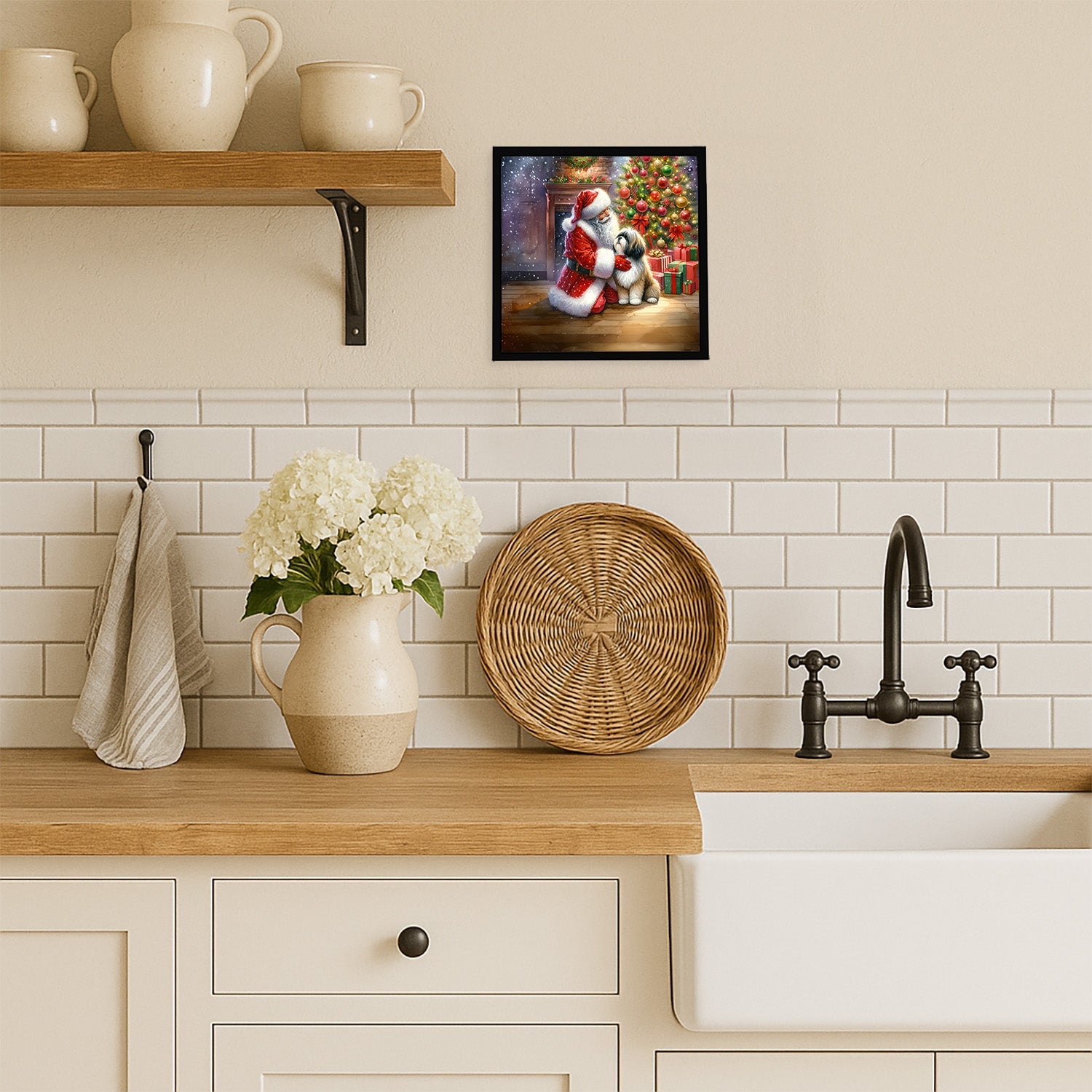 Lhasa Apso and Santa Claus Framed Metal Print Bathroom, Kitchen, Office, Home Decor Wall Art Ready to Hang, Square, 8X8