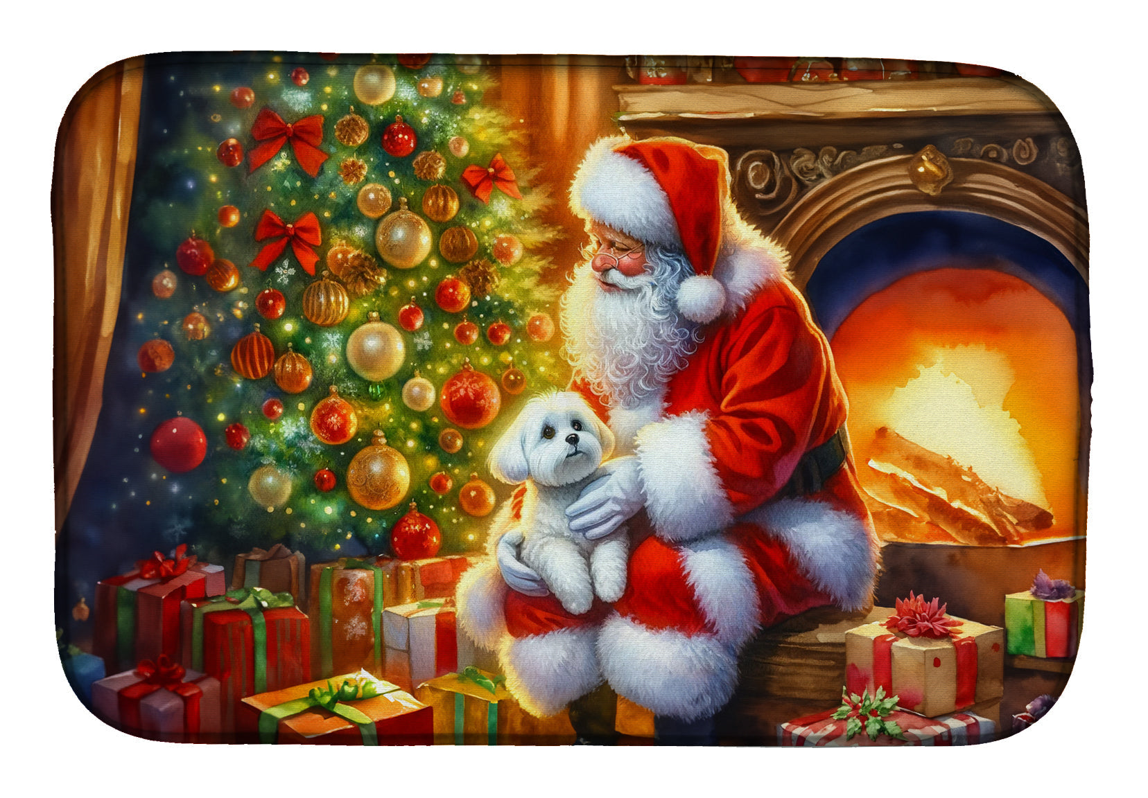 Maltese and Santa Claus Dish Drying Mat Absorbent Dish Drying Mat Pad for Kitchen Counter Dish Drainer Mat for Countertop, 14 x 21", Multicolor