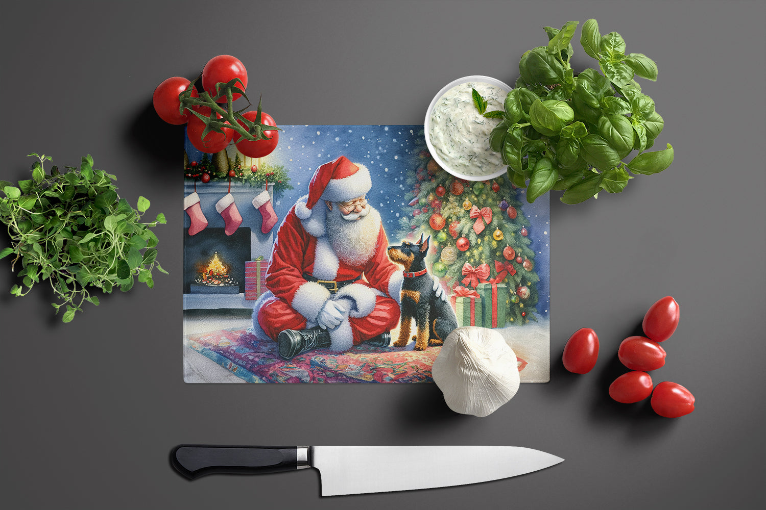 Manchester Terrier and Santa Claus Cutting Board Tempered Glass Kitchen Cutting Surface, Heat Resistant Chopping, Non-Slip Feet, Food Prep & Serving