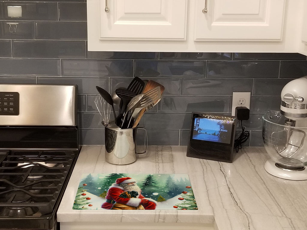Mastiff and Santa Claus Cutting Board Tempered Glass Kitchen Cutting Surface, Heat Resistant Chopping, Non-Slip Feet, Food Prep & Serving