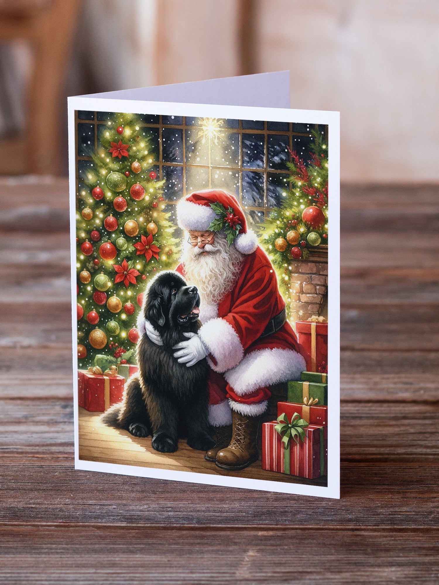 Newfoundland and Santa Claus Greeting Cards Pack of 8 Blank Cards with Envelopes Whimsical A7 Size 5x7