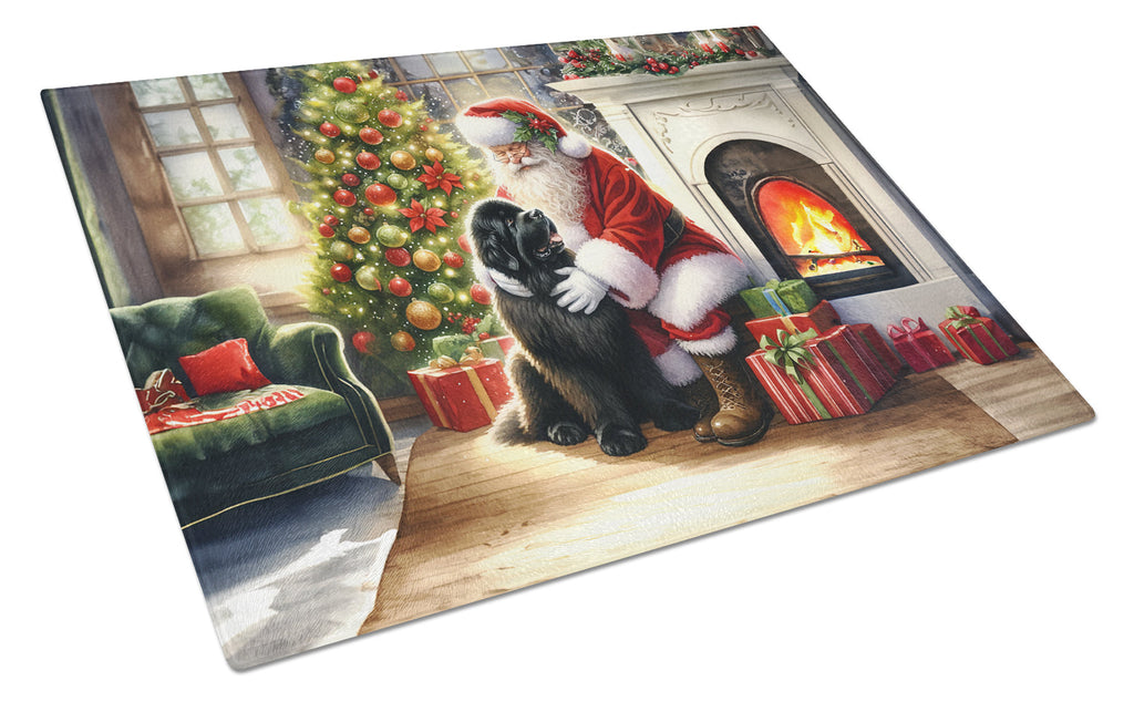 Newfoundland and Santa Claus Cutting Board Tempered Glass Kitchen Cutting Surface, Heat Resistant Chopping, Non-Slip Feet, Food Prep & Serving