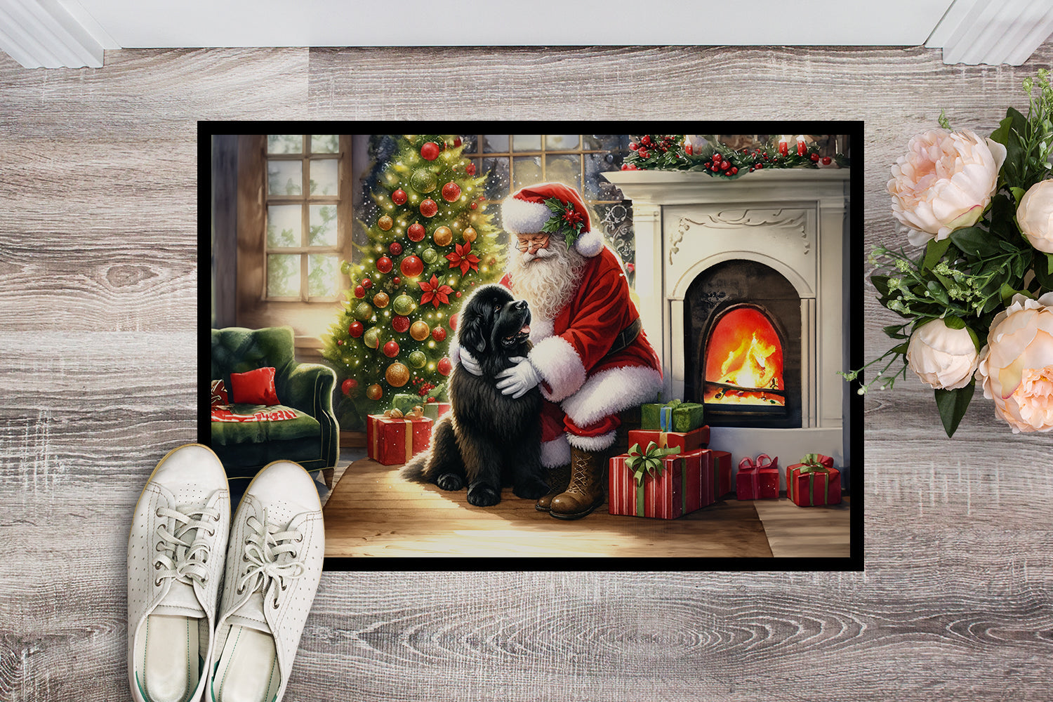 Newfoundland and Santa Claus Doormat Indoor Outdoor 18H X 27W Front Door Mat Rugs for Entryway, Non Slip Washable