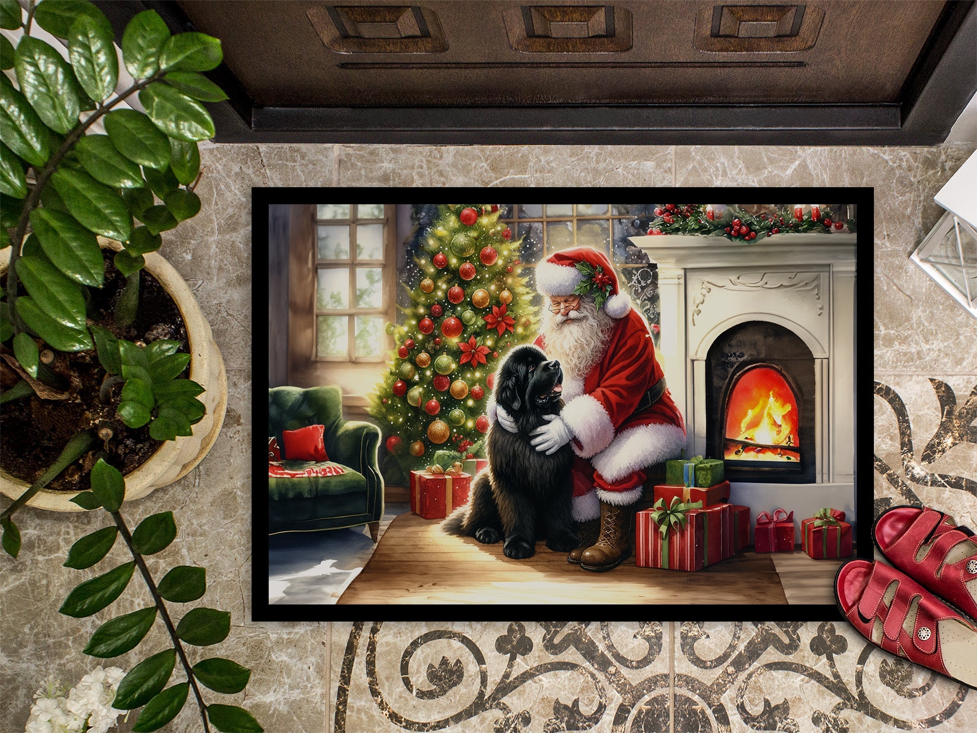 Newfoundland and Santa Claus Doormat Indoor Outdoor 18H X 27W Front Door Mat Rugs for Entryway, Non Slip Washable