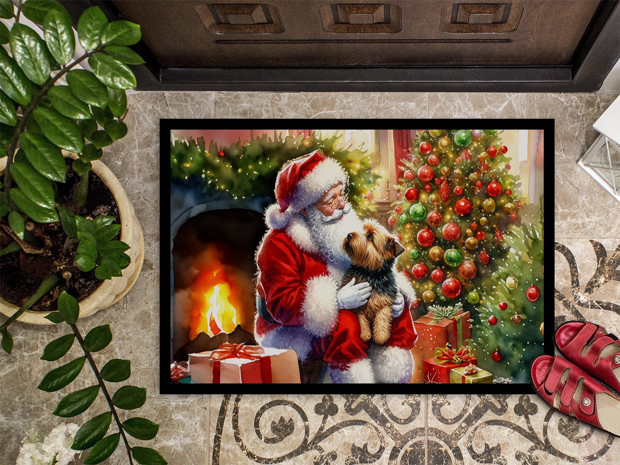 Norfolk Terrier and Santa Claus Doormat Indoor Outdoor 24H X 36W Front Door Mat Rugs for Entryway, Non Slip Washable Low Pile,