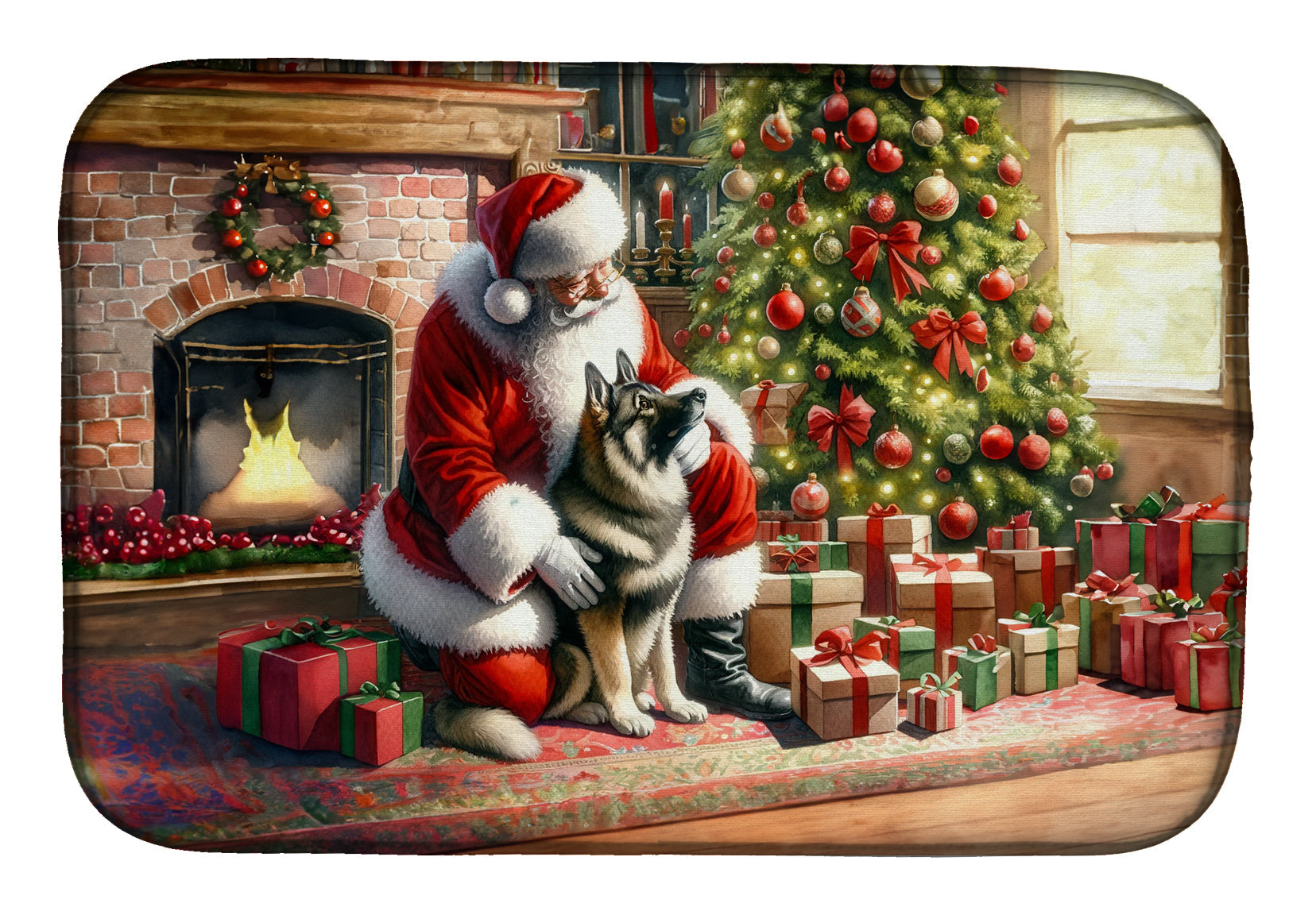 Norwegian Elkhound and Santa Claus Dish Drying Mat Absorbent Dish Drying Mat Pad for Kitchen Counter Dish Drainer Mat for Countertop, 14 x 21", Multicolor