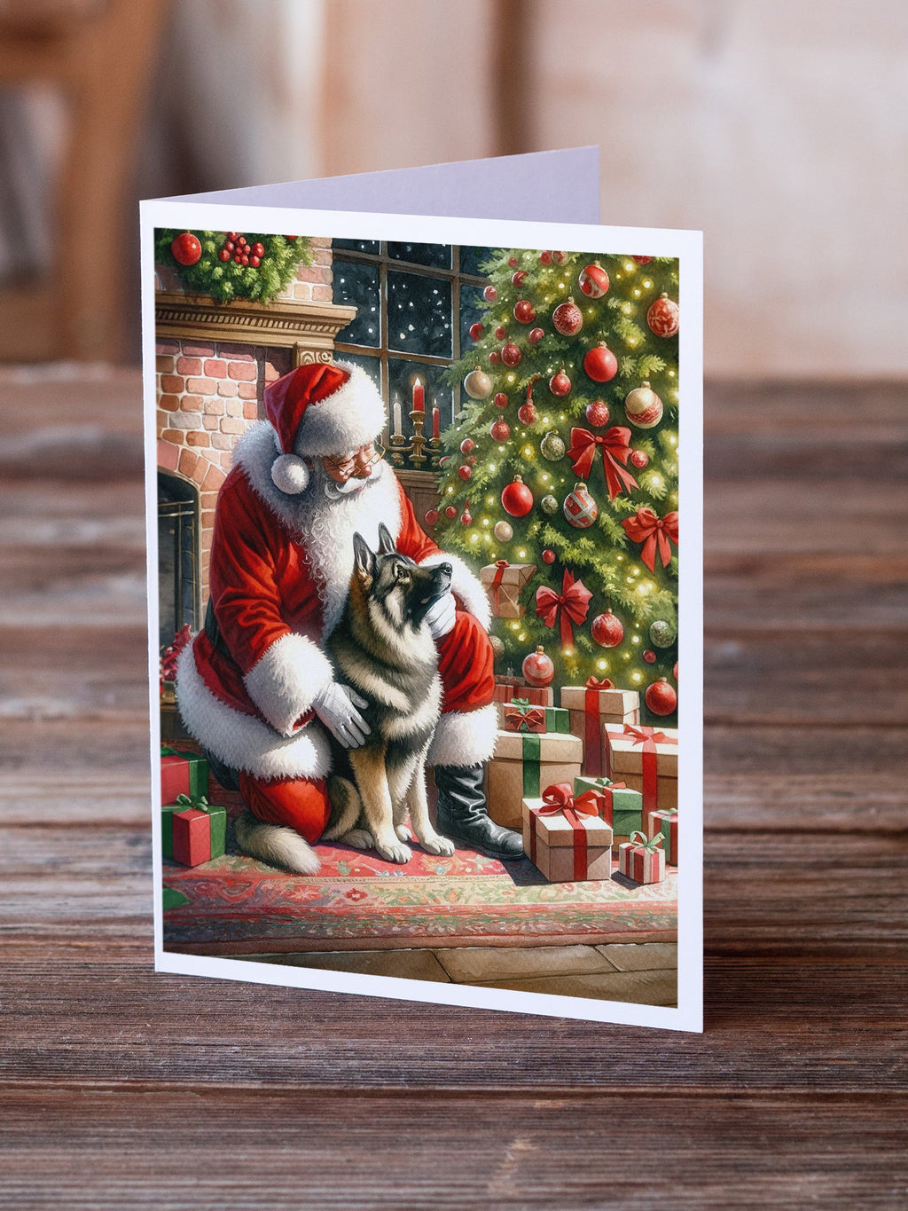 Norwegian Elkhound and Santa Claus Greeting Cards Pack of 8 Blank Cards with Envelopes Whimsical A7 Size 5x7