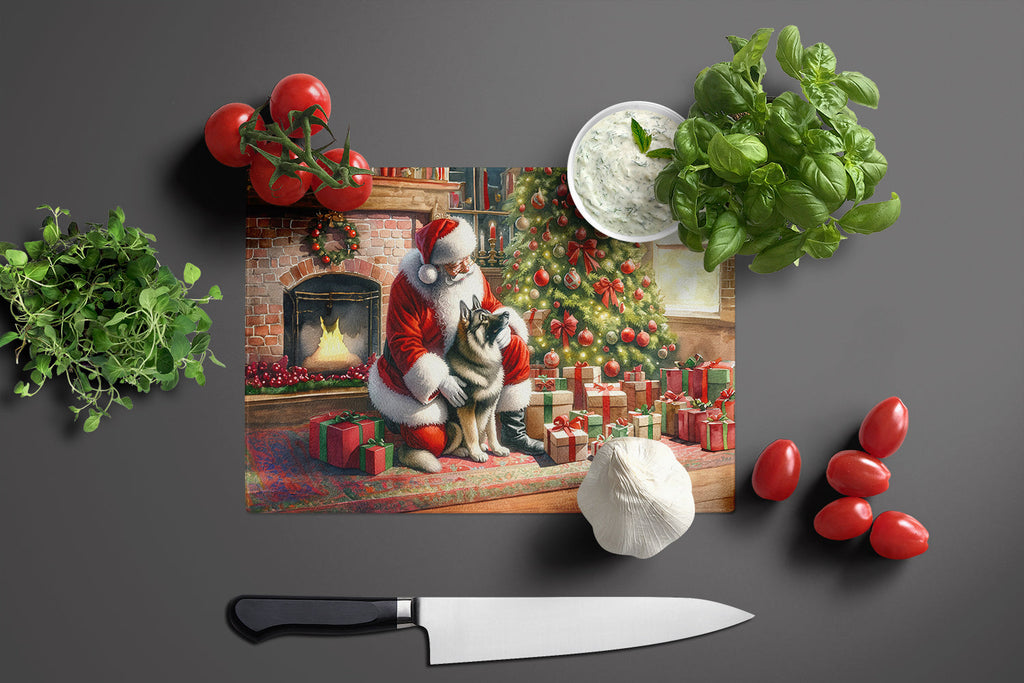 Norwegian Elkhound and Santa Claus Cutting Board Tempered Glass Kitchen Cutting Surface, Heat Resistant Chopping, Non-Slip Feet, Food Prep & Serving
