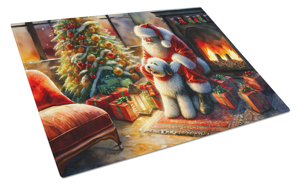 Old English Sheepdog and Santa Claus Cutting Board Tempered Glass Kitchen Cutting Surface, Heat Resistant Chopping, Non-Slip Feet, Food Prep & Serving