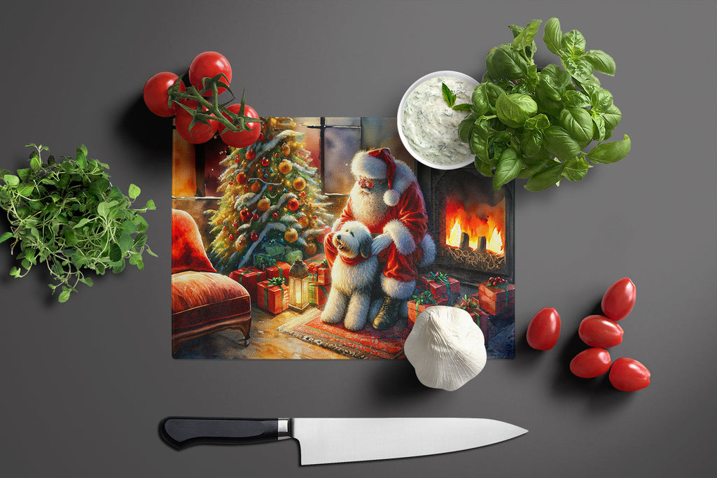 Old English Sheepdog and Santa Claus Cutting Board Tempered Glass Kitchen Cutting Surface, Heat Resistant Chopping, Non-Slip Feet, Food Prep & Serving