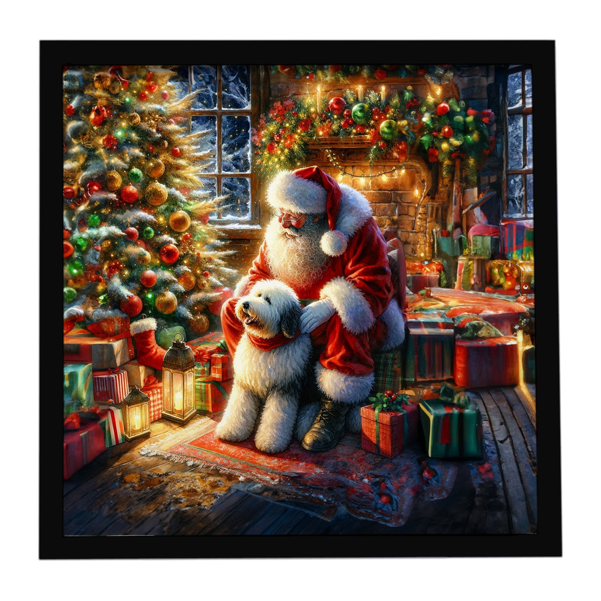 Old English Sheepdog and Santa Claus Framed Metal Print Bathroom, Kitchen, Office, Home Decor Wall Art Ready to Hang, Square, 8X8